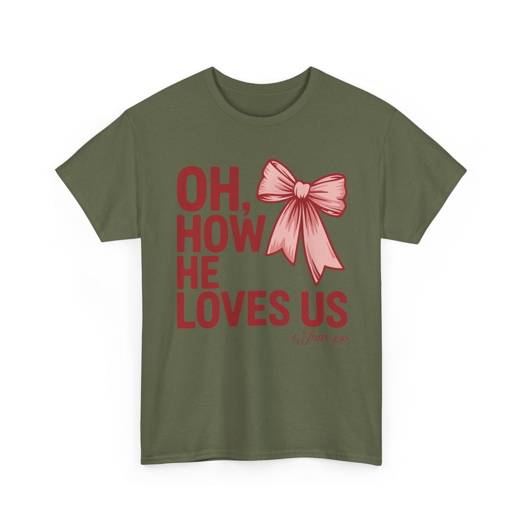 Oh, How He Loves Us Christian Valentine Tee — 1 John 4:10 Red & Pink Unisex Cotton Tee