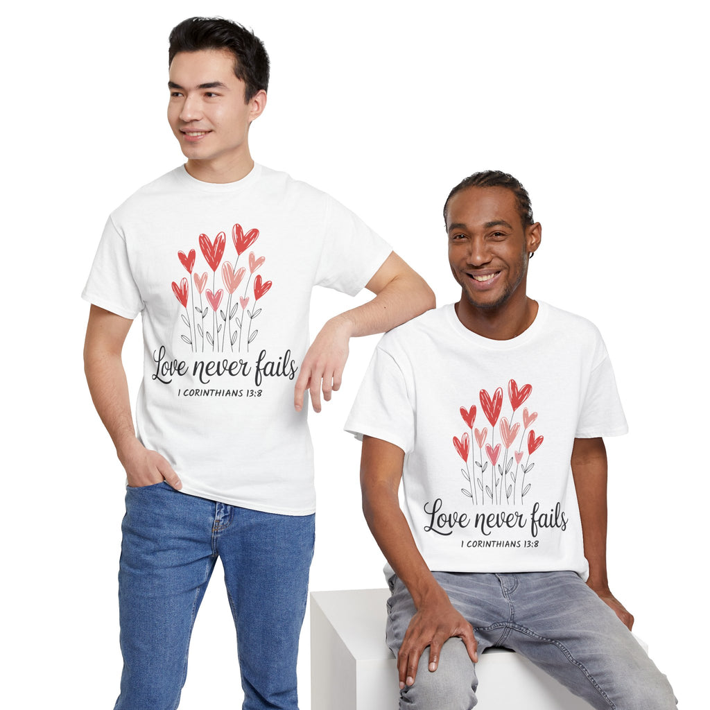 Christian Valentine T-Shirt — "Love Never Fails" (1 Corinthians 13:8) Unisex Cotton Tee