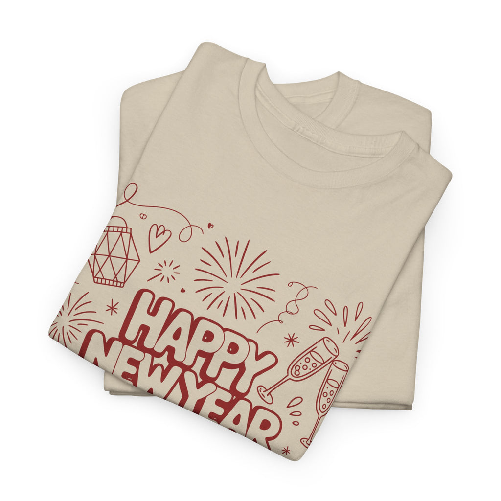 Happy New Year 2026 Doodle T-Shirt — Pink Party Icons & Champagne Unisex Cotton Tee