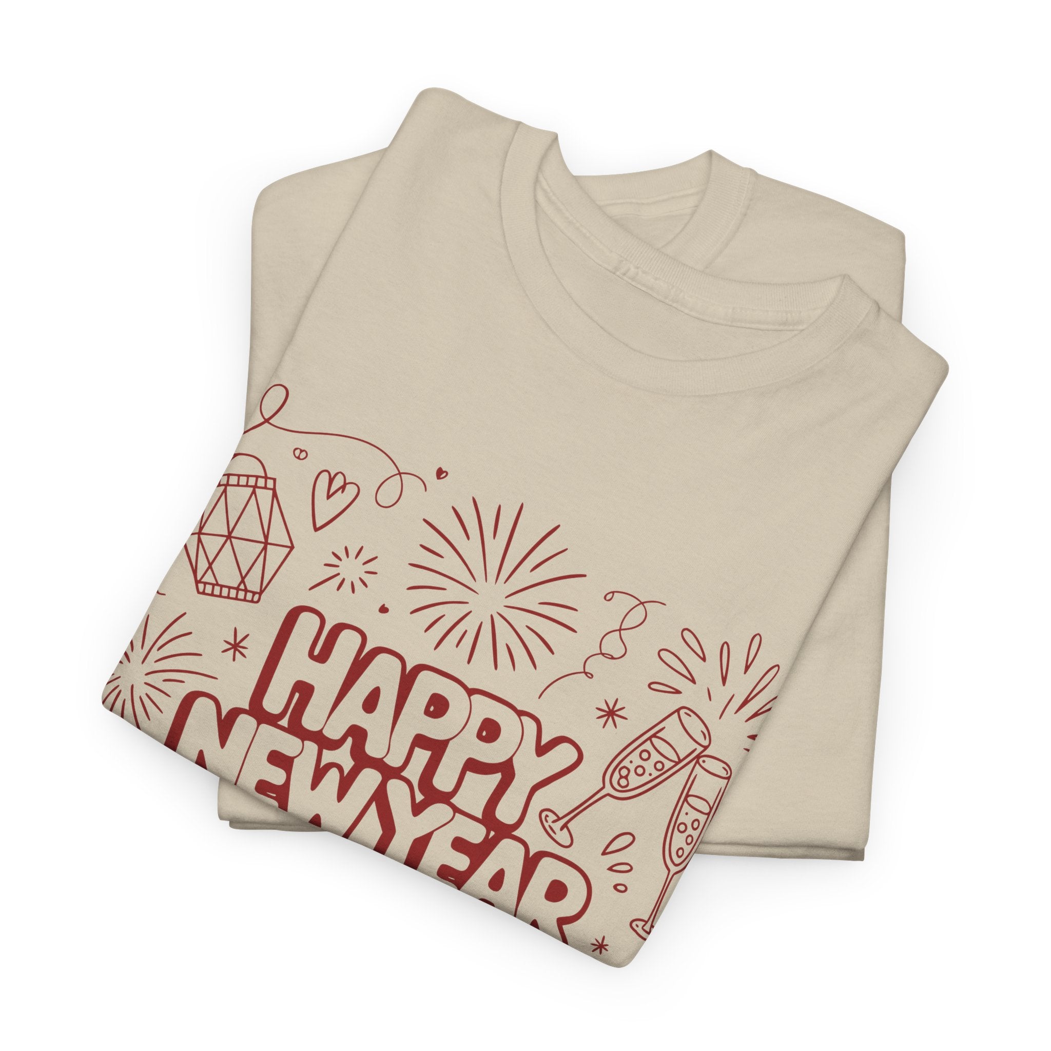 Happy New Year 2026 Doodle T-Shirt — Pink Party Icons & Champagne Unisex Cotton Tee