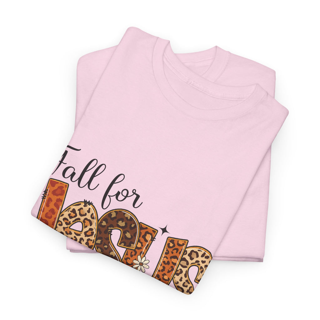 JESUS Leopard Print Fall T-Shirt — Pumpkins, Leaves & Floral Christian Unisex Cotton Tee