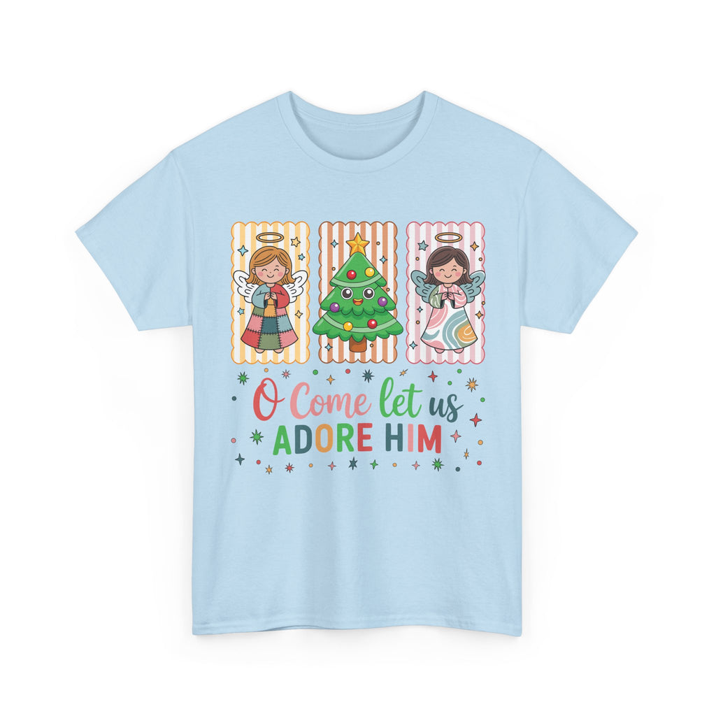 O Come Let Us Adore Him Christmas Tee — Smiling Angels & Happy Tree..Unisex Cotton Tee