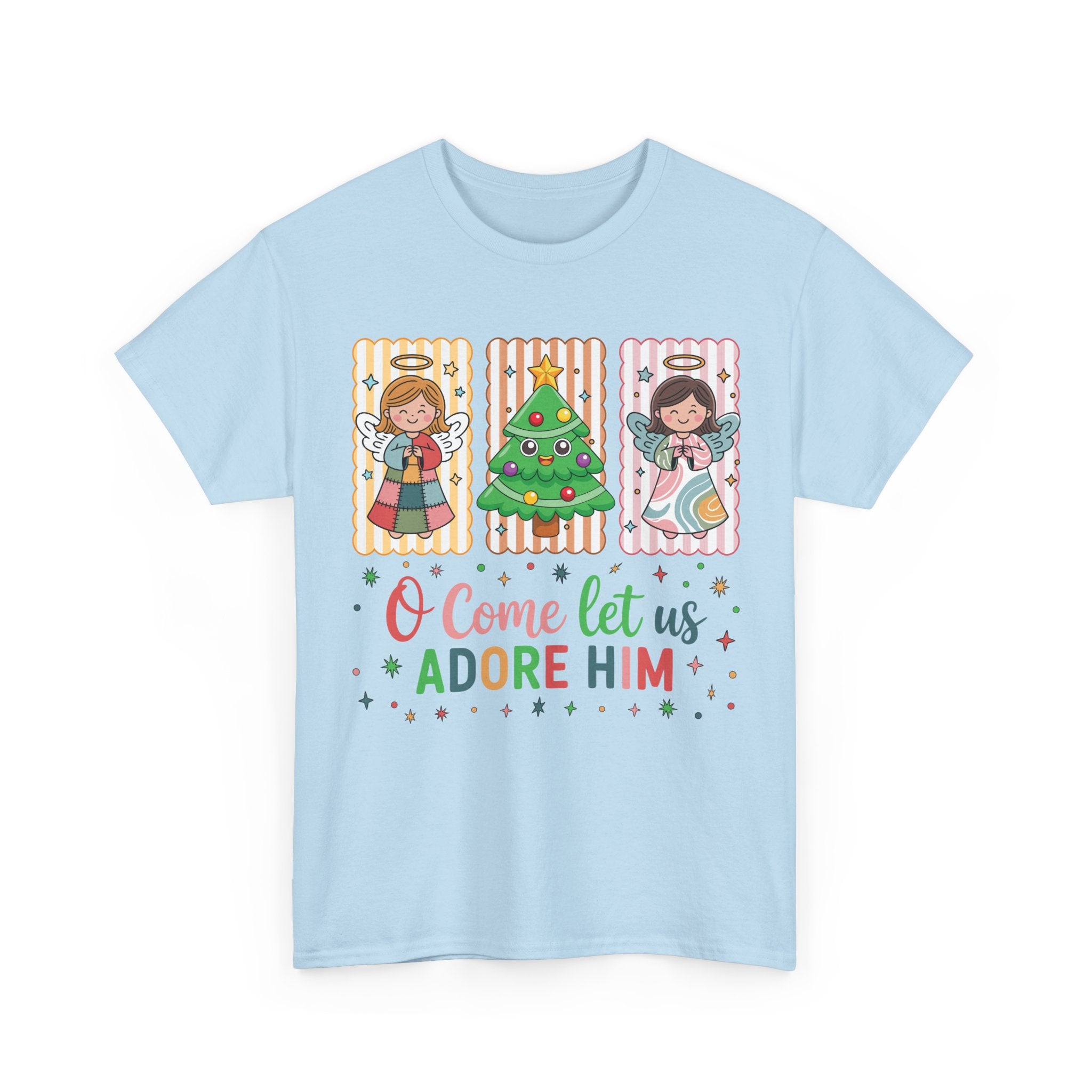 O Come Let Us Adore Him Christmas Tee — Smiling Angels & Happy Tree..Unisex Cotton Tee