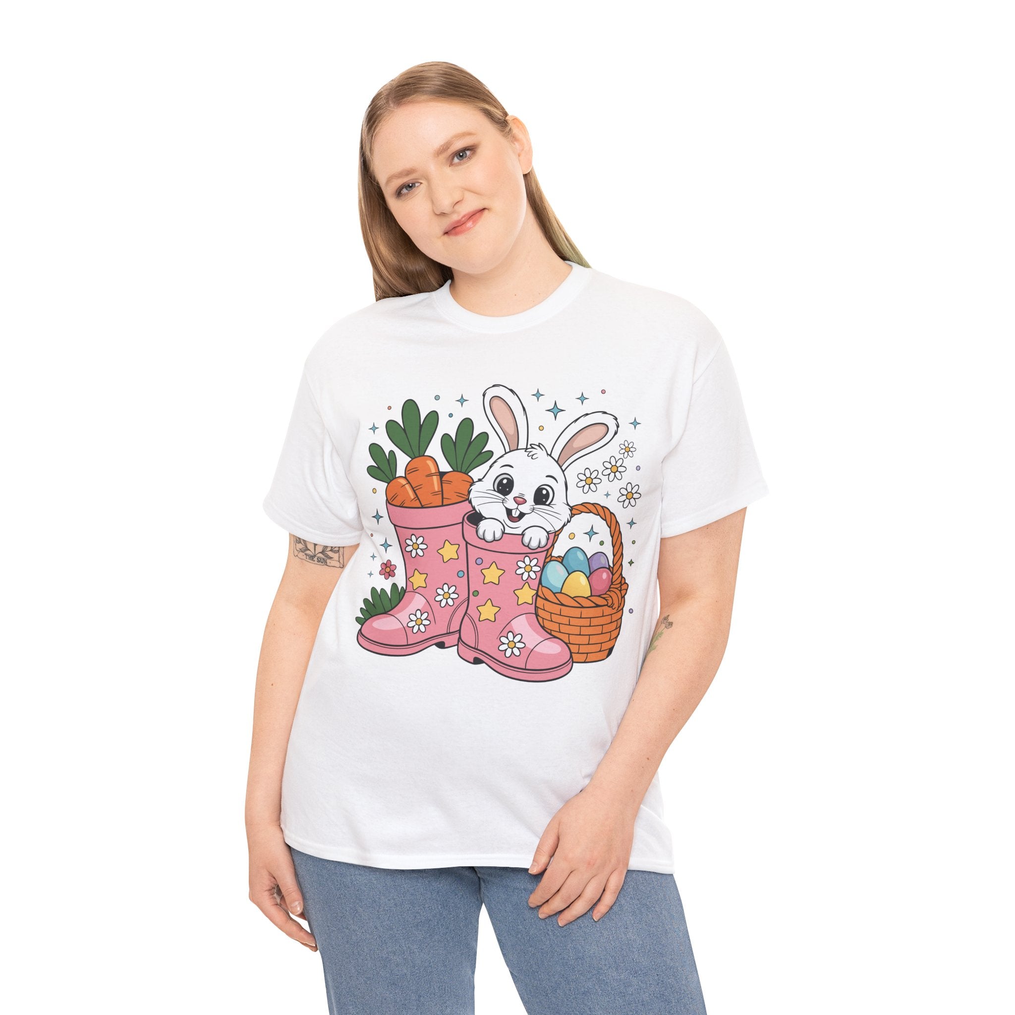 Easter Bunny in Pink Rain Boots T-Shirt — Cartoon Bunny, Carrots & Colorful Eggs Unisex Cotton Tee
