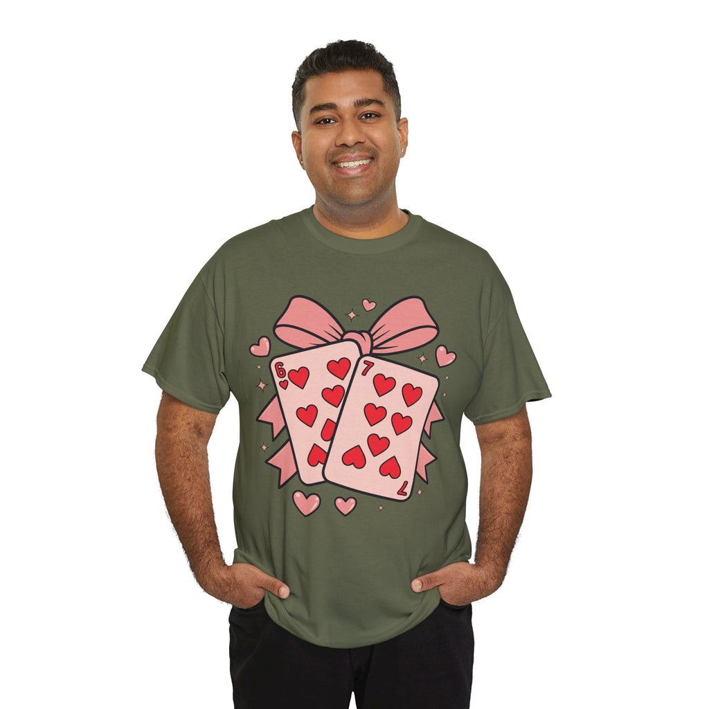 6 & 7 of Hearts T-Shirt — Paired Playing Cards with Pink Bow Unisex Cotton Tee