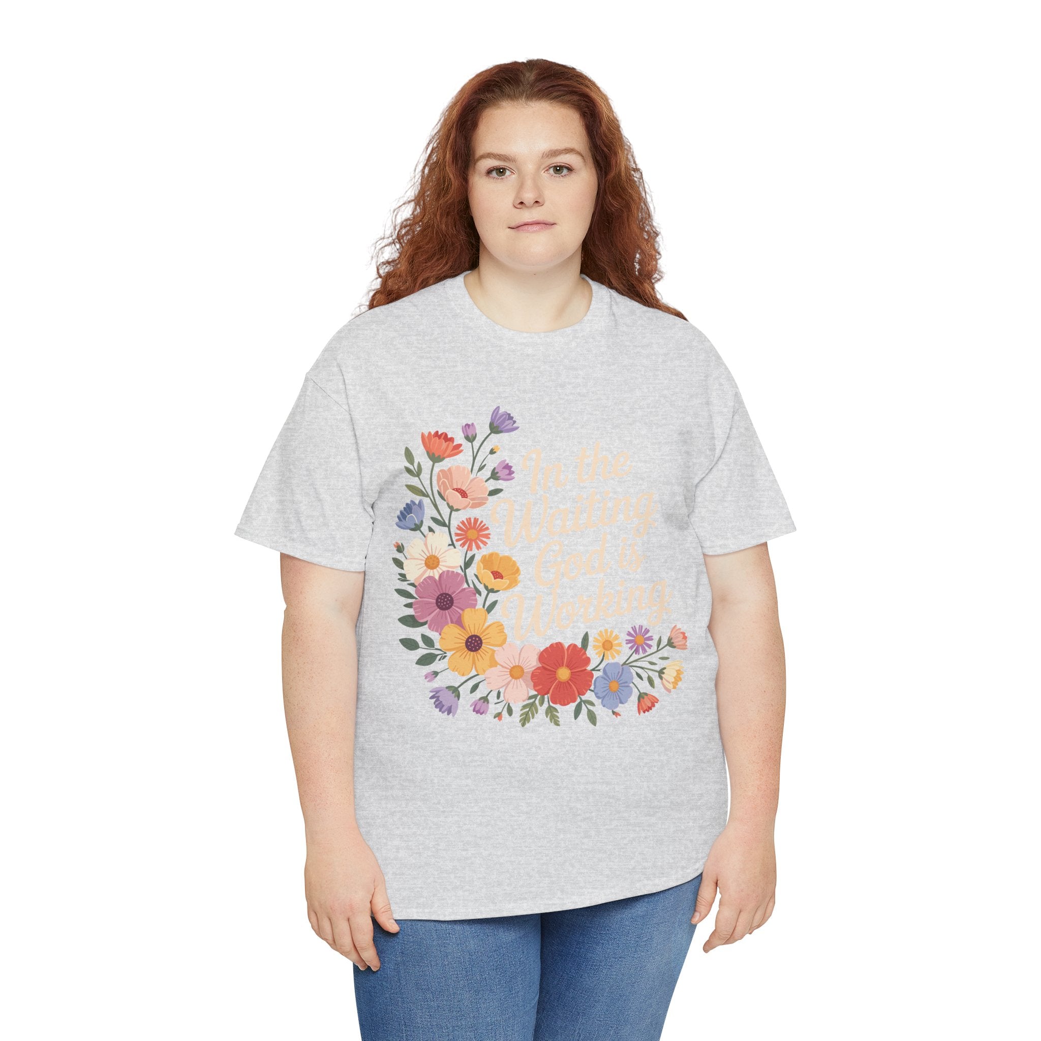 Pastel Floral “In the Waiting God Is Working” Unisex Cotton T-Shirt