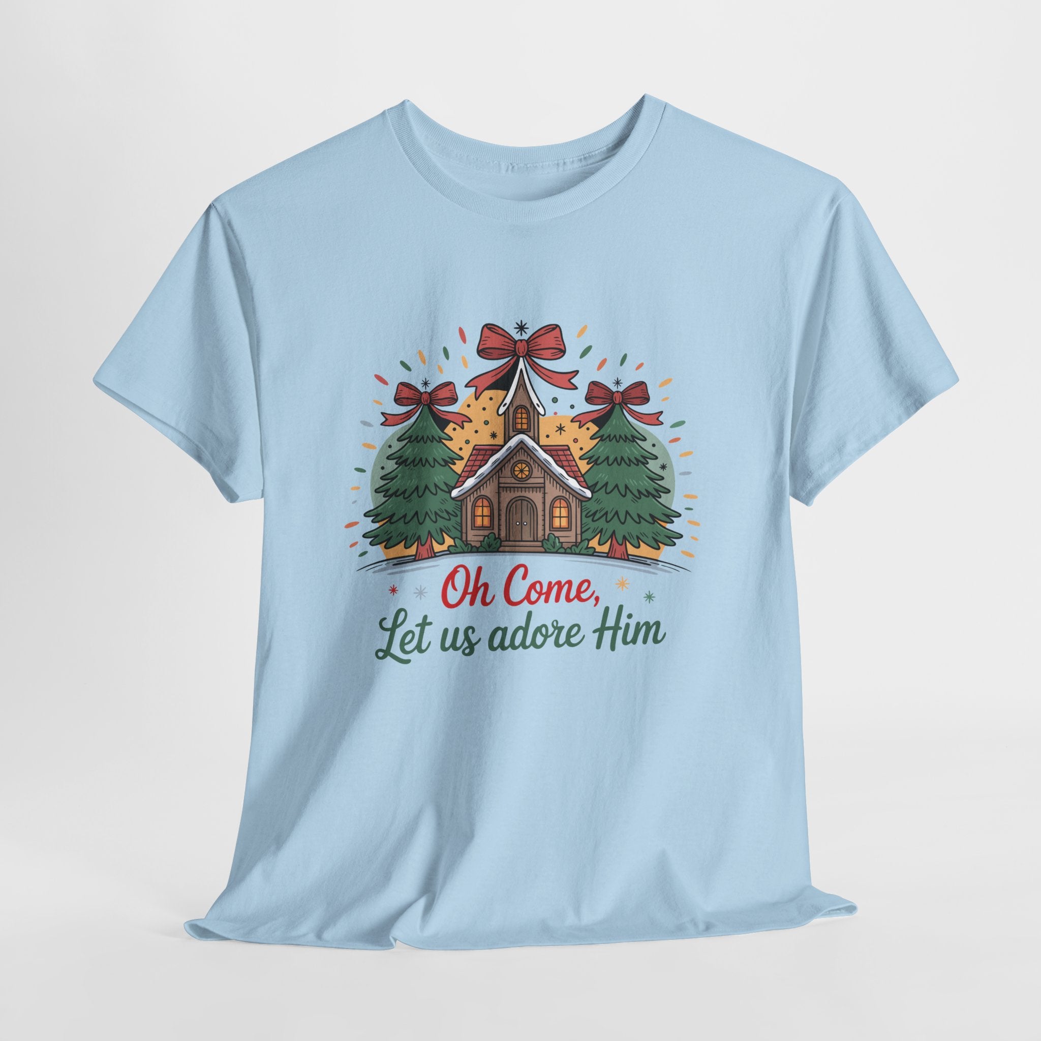 Oh Come Let Us Adore Him Christmas Tee — Church & Trees Holiday Unisex Cotton Tshirt