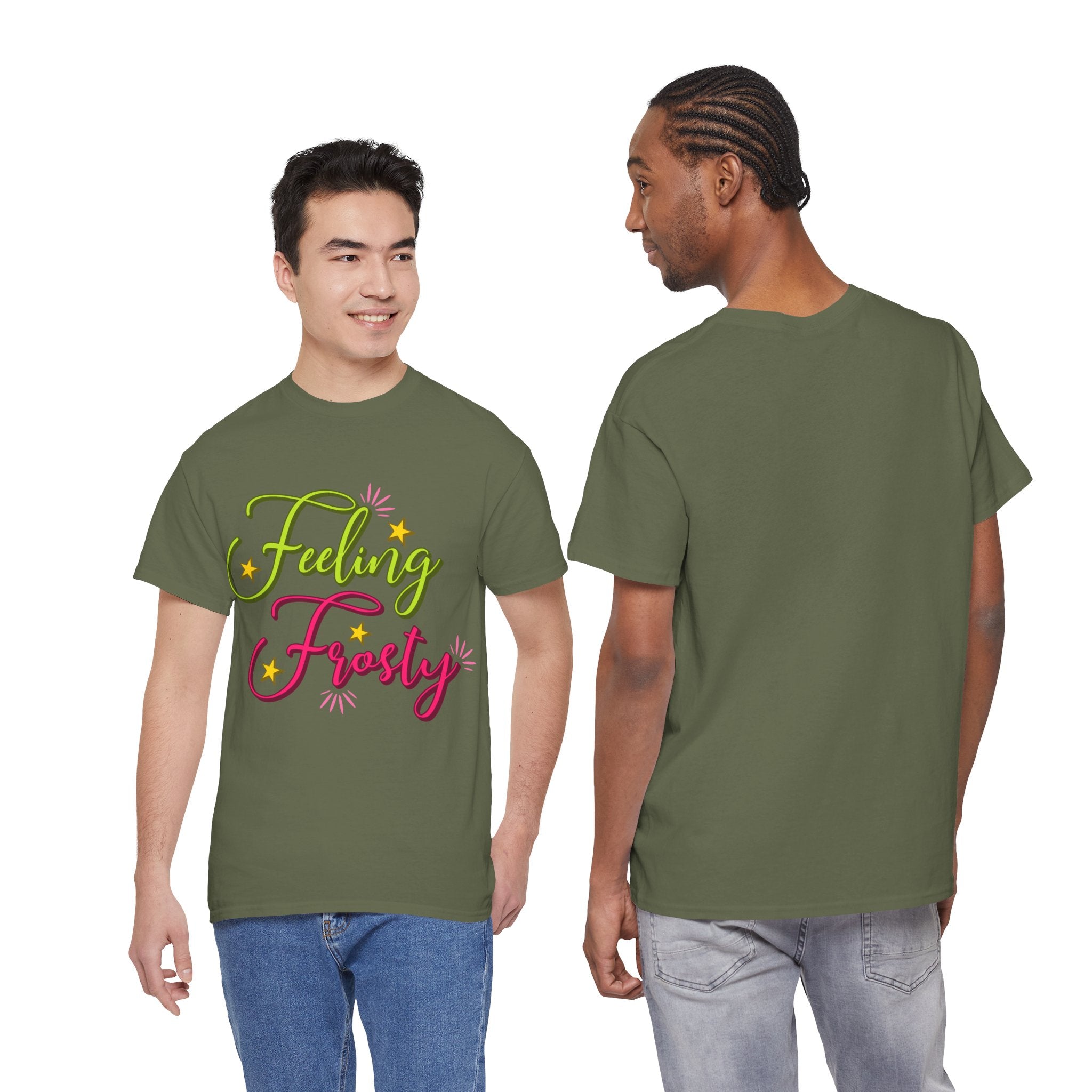 Feeling Frosty Holiday T-Shirt — Green & Pink Script Stars.Unisex Cotton Tee