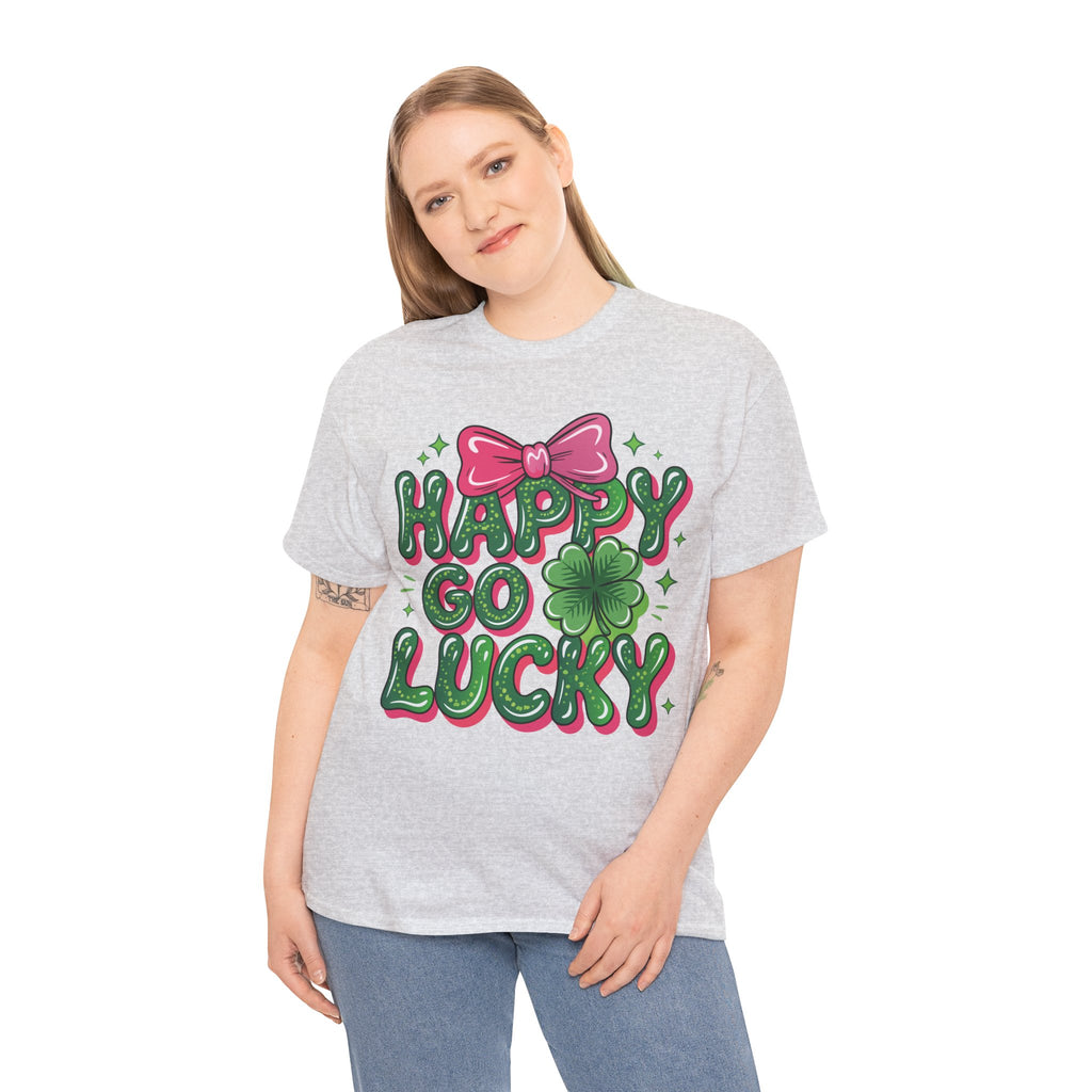 Happy Go Lucky Four-Leaf Clover Tee — Glossy Green Letters & Pink Bow Unisex Cotton Tee