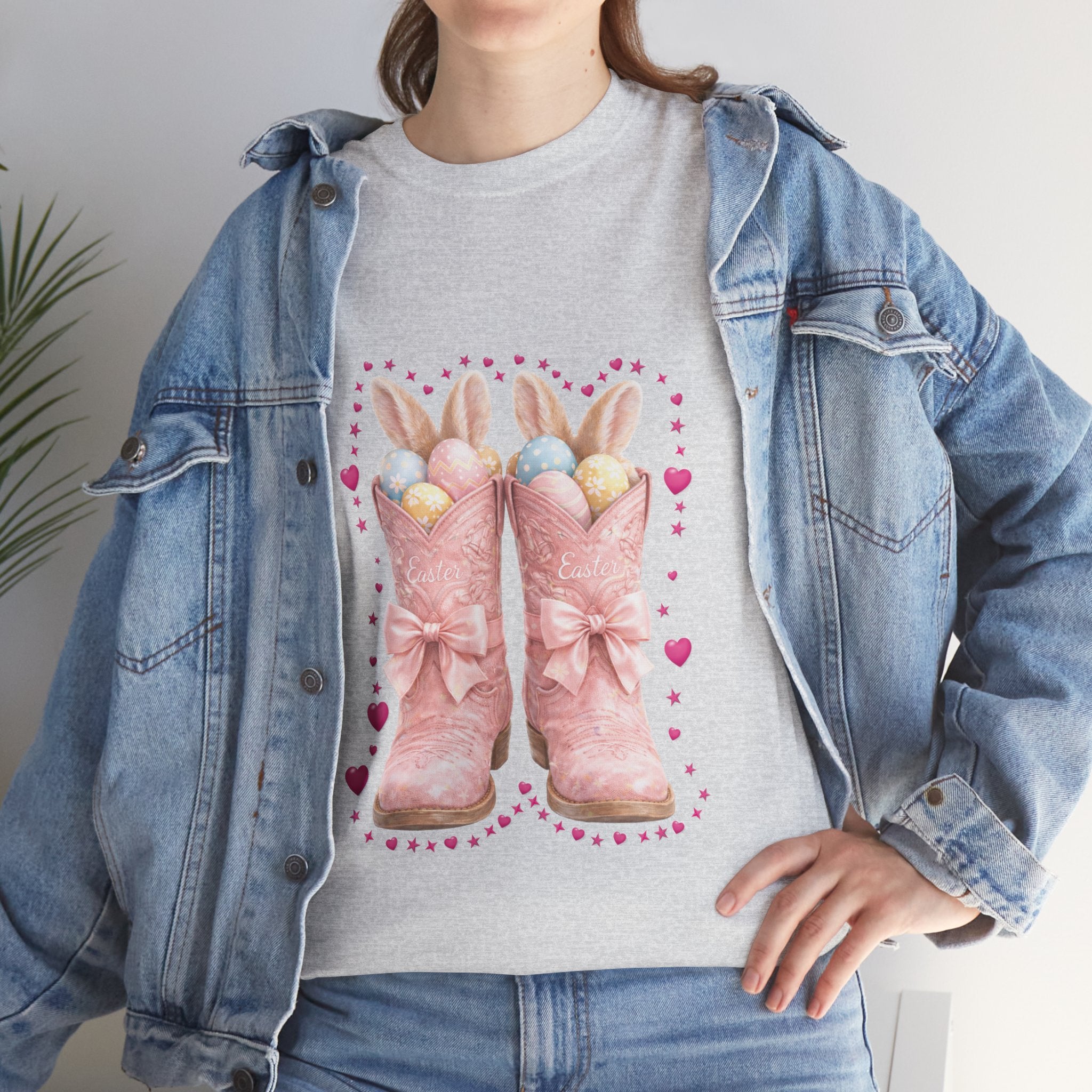 Easter Pink Western Boots Tee — Pastel Bunny Eggs & Bows Unisex Cotton Tee