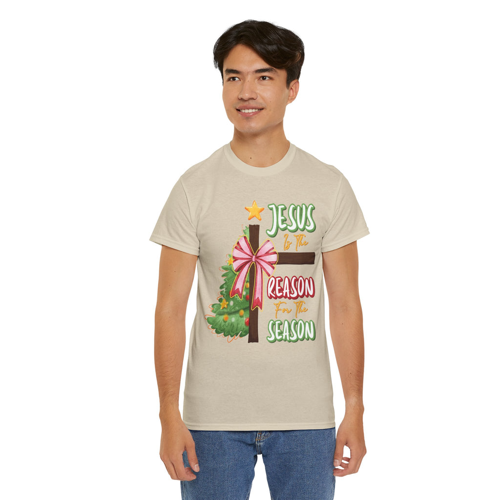 Jesus Is the Reason for the Season Christmas Tee — Cross with Pink Bow & Tree. Unisex Cotton Tee