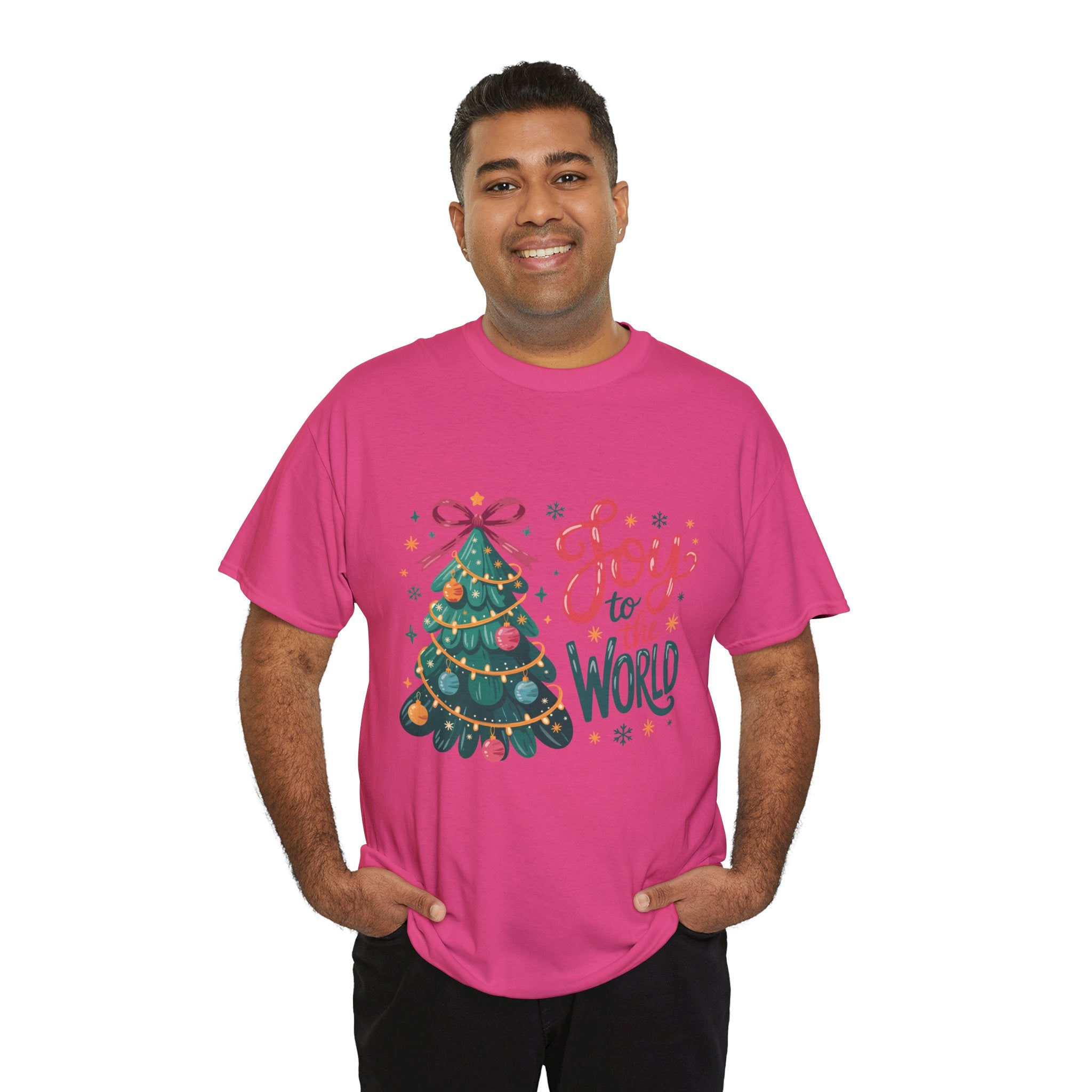 Joy to the World Christmas Tee — Festive Tree with Pink Bow..Unisex Cotton Tee
