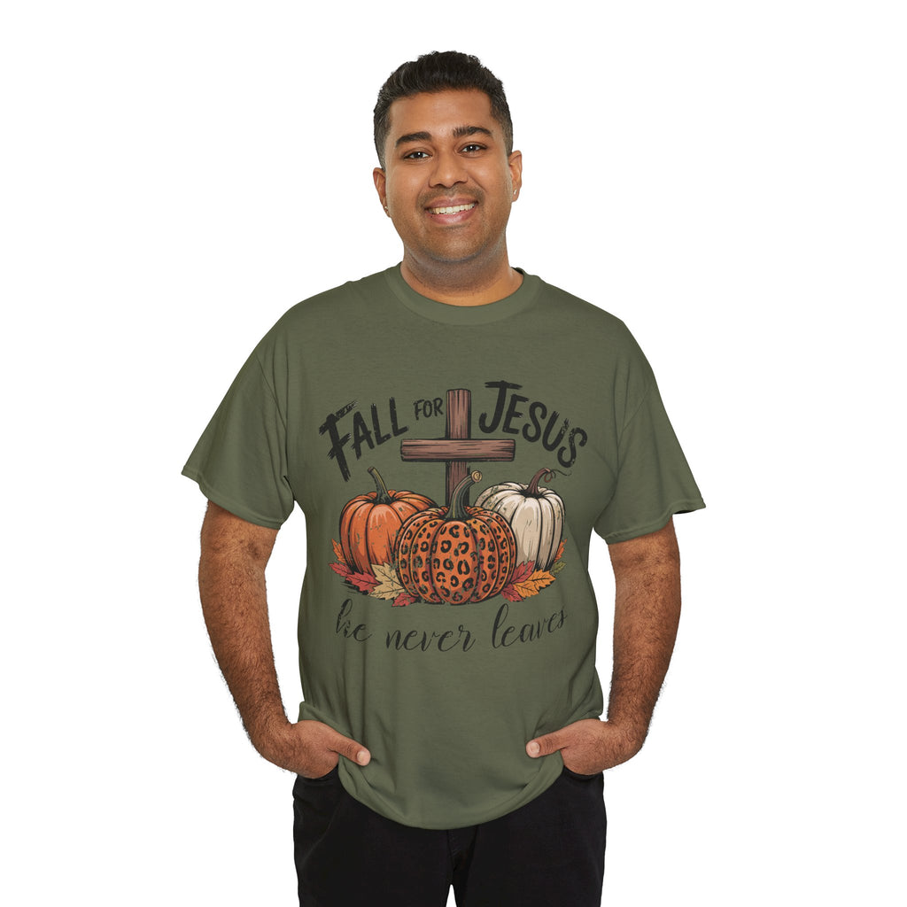 Fall for Jesus Pumpkin Cross Tee — "He Never Leaves" Autumn Christian Unisex Cotton T-Shirt