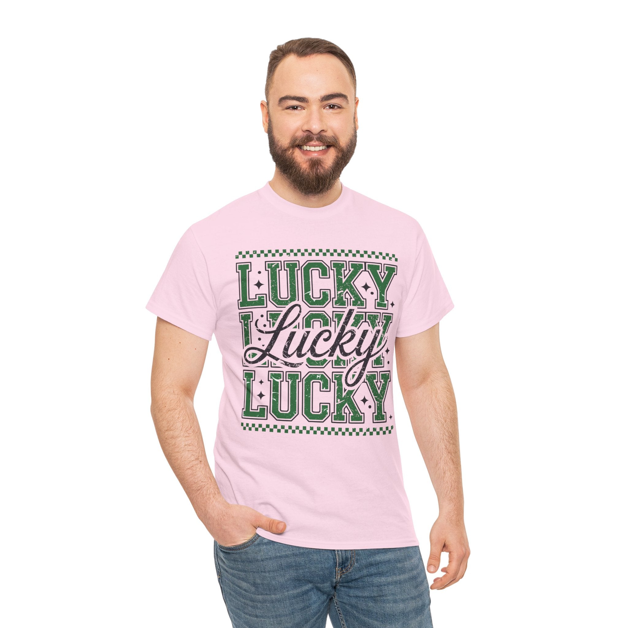 Lucky Varsity Tee — Layered Green ‘Lucky’ Graphic Unisex Cotton Tee