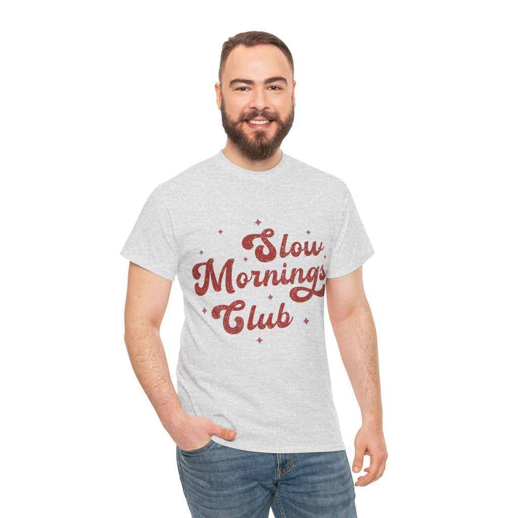 Slow Mornings Club T-Shirt — Retro Red Sparkle Unisex Cotton Tee