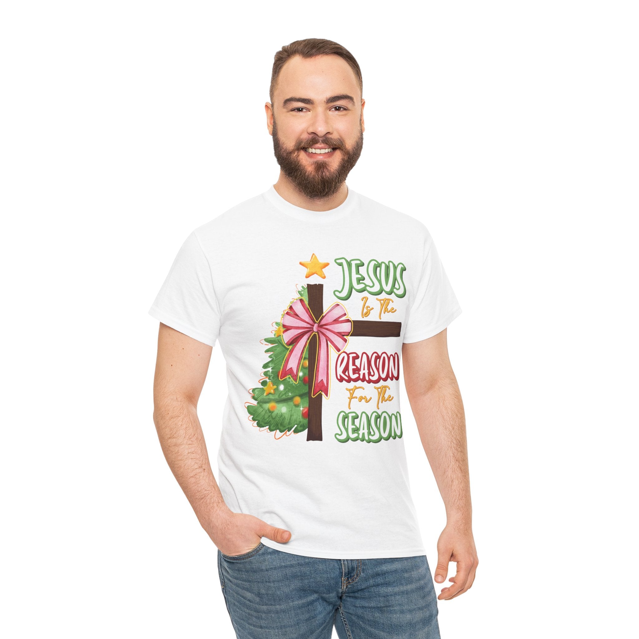Jesus Is the Reason for the Season Christmas Tee — Cross with Pink Bow & Tree. Unisex Cotton Tee