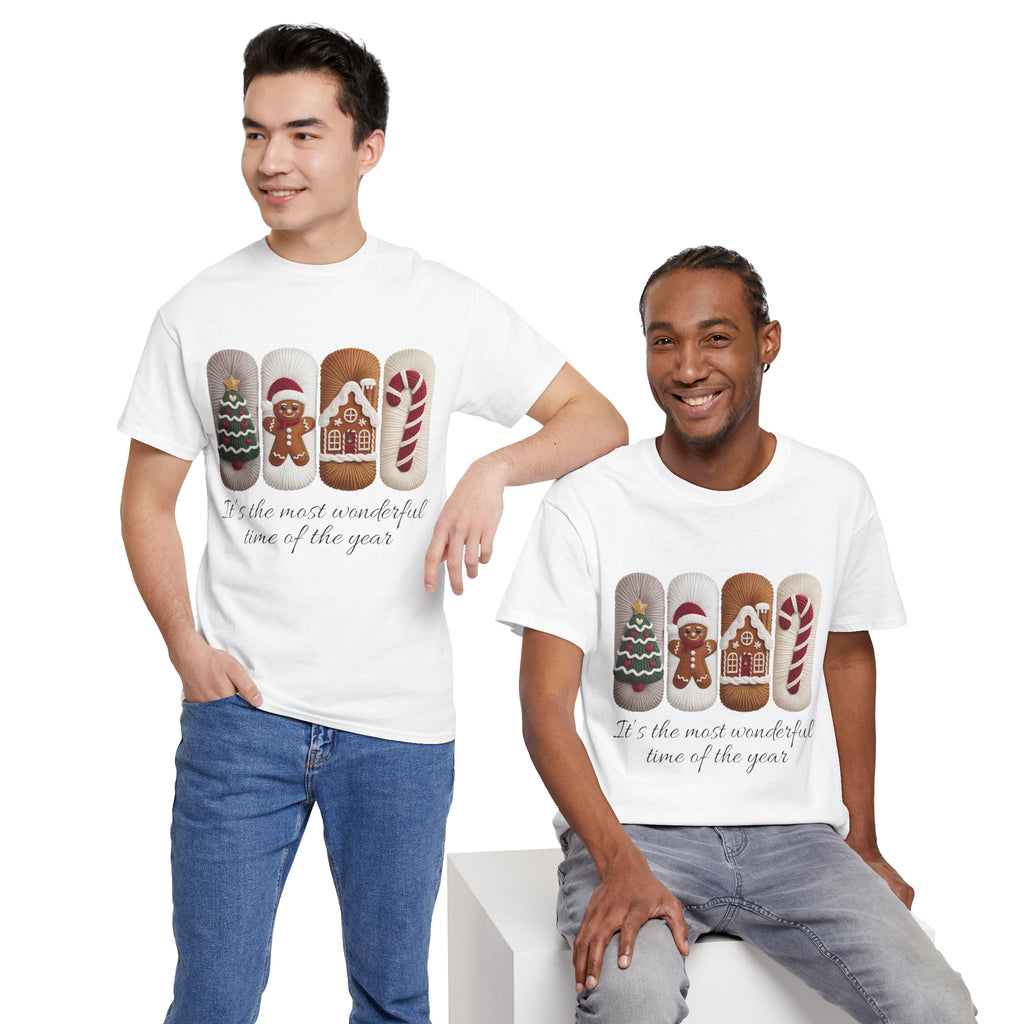 Christmas Faux-Yarn Tree Tee — Gingerbread House & Candy Cane Holiday Unisex Cotton T-Shirt