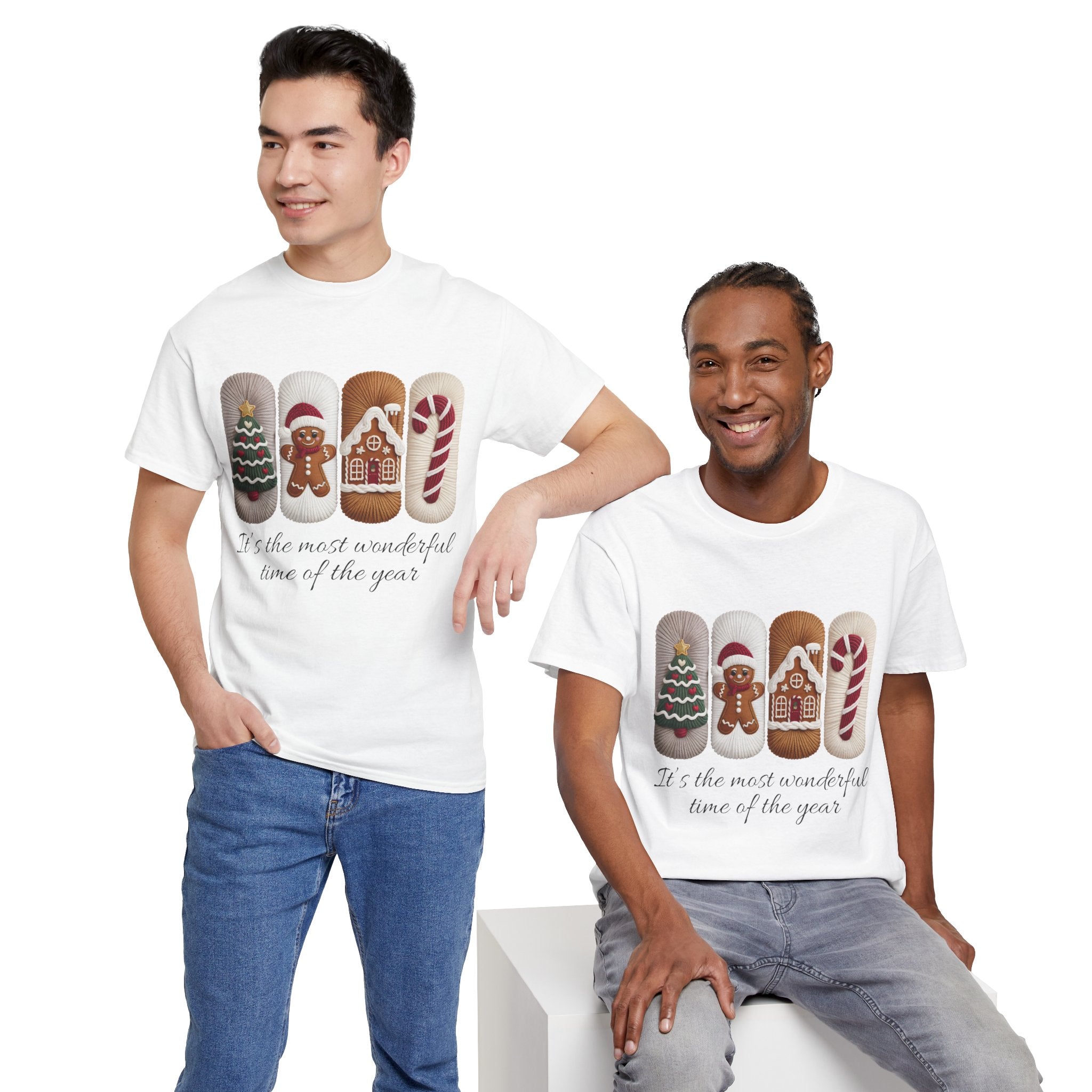 Christmas Faux-Yarn Tree Tee — Gingerbread House & Candy Cane Holiday Unisex Cotton T-Shirt