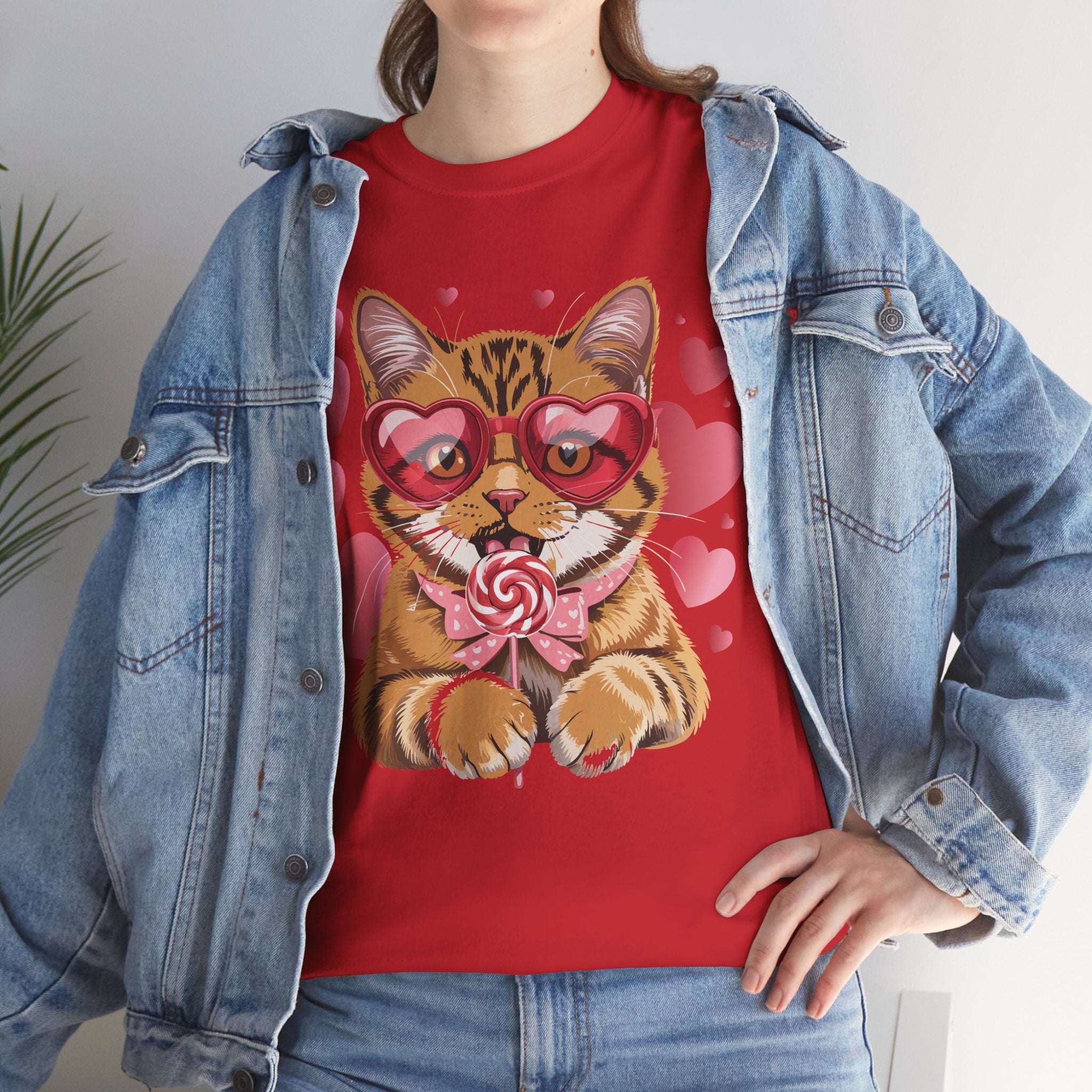 Valentine Cat Tee — Heart Glasses, Lollipop Bow Unisex Cotton Tee