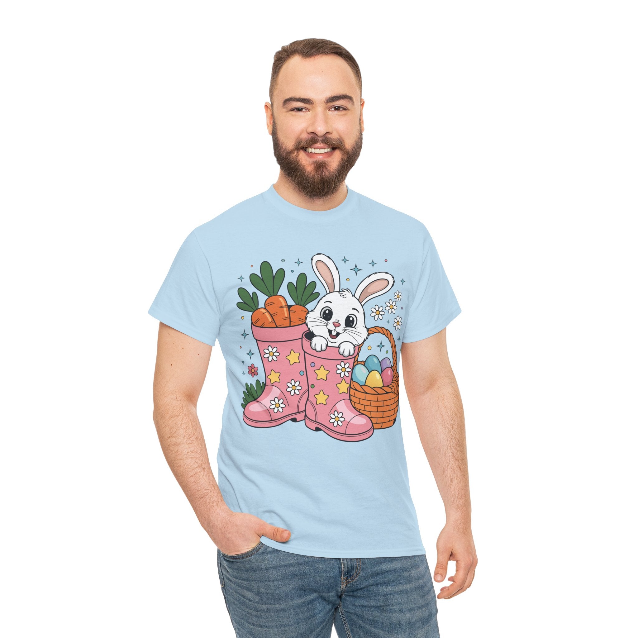 Easter Bunny in Pink Rain Boots T-Shirt — Cartoon Bunny, Carrots & Colorful Eggs Unisex Cotton Tee