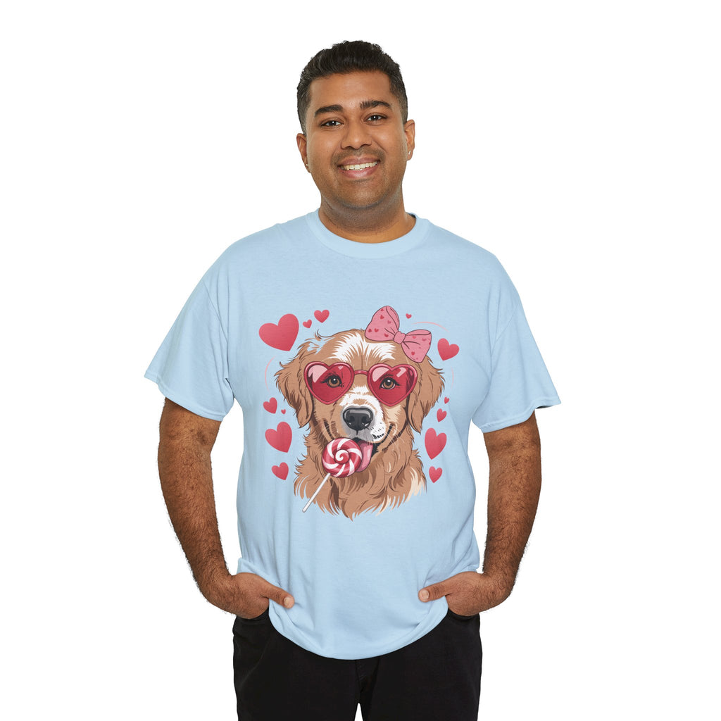 Valentine Dog T-Shirt — Cute Pup with Heart Glasses, Pink Bow & Lollipop..Unisex Cotton Tee