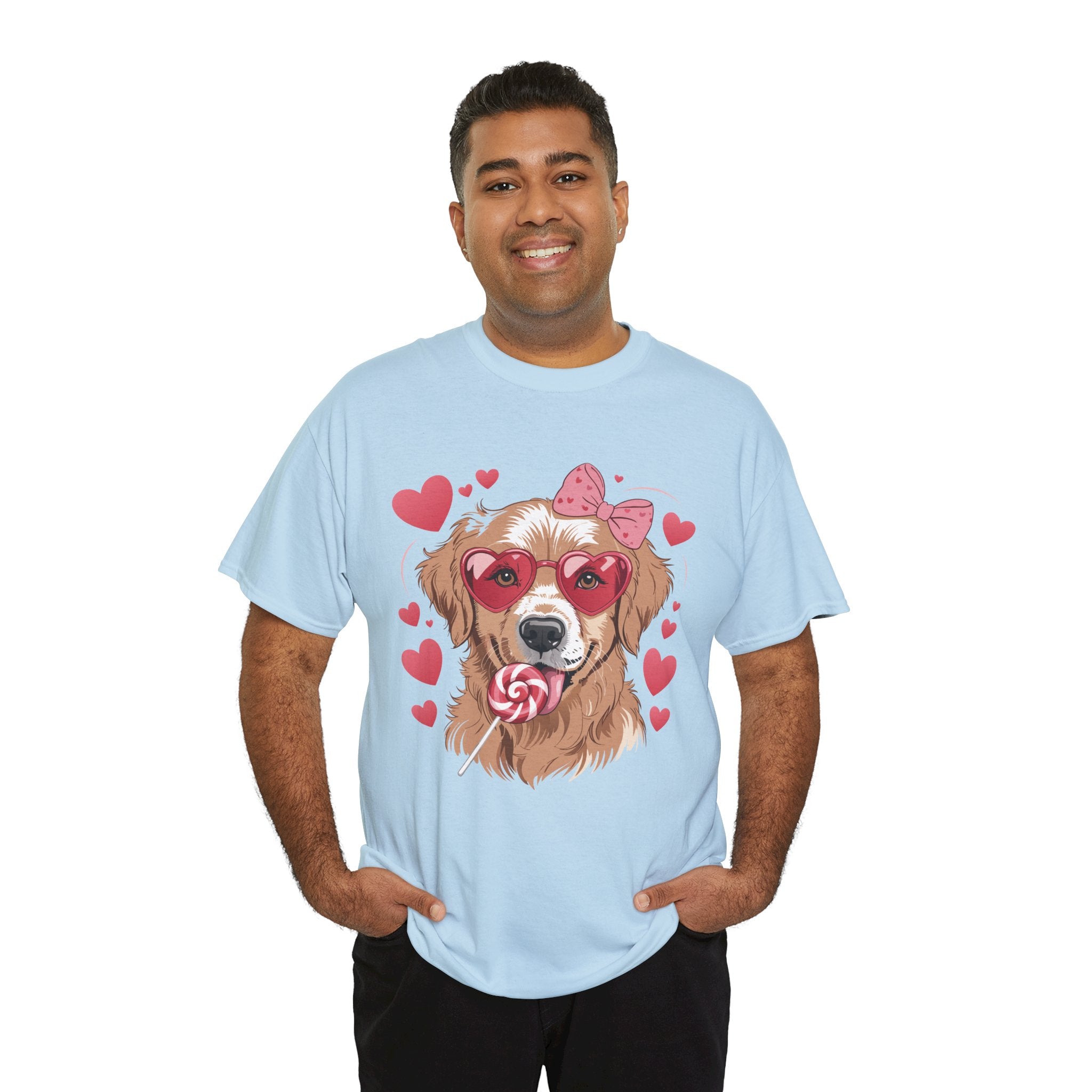 Valentine Dog T-Shirt — Cute Pup with Heart Glasses, Pink Bow & Lollipop..Unisex Cotton Tee