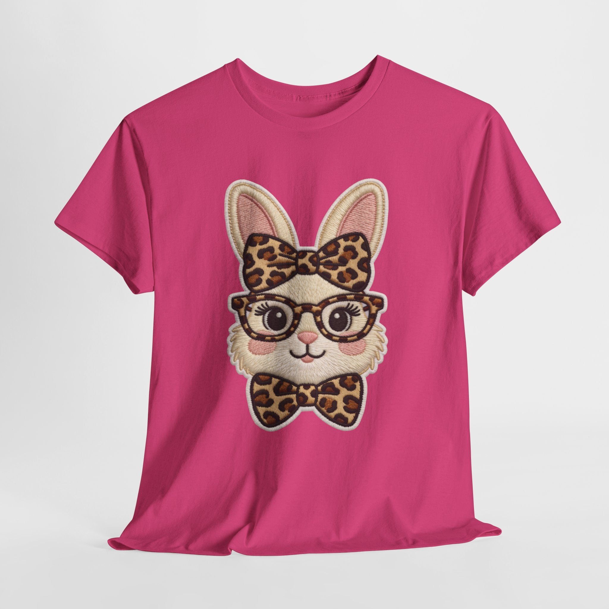 Leopard Bow Bunny Embroidered Tee — Cute Bunny Face with Glasses Patch Unisex Cotton Tee