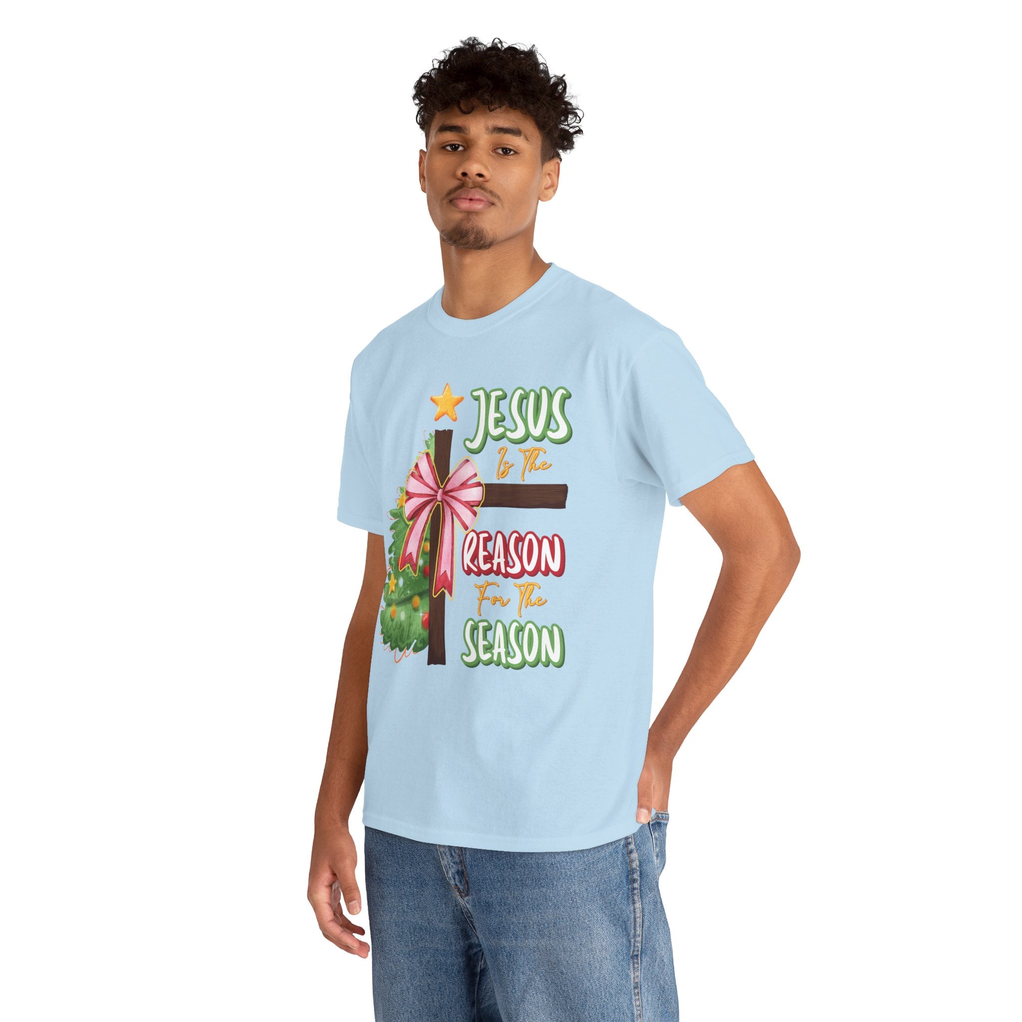 Jesus Is the Reason for the Season Christmas Tee — Cross with Pink Bow & Tree. Unisex Cotton Tee