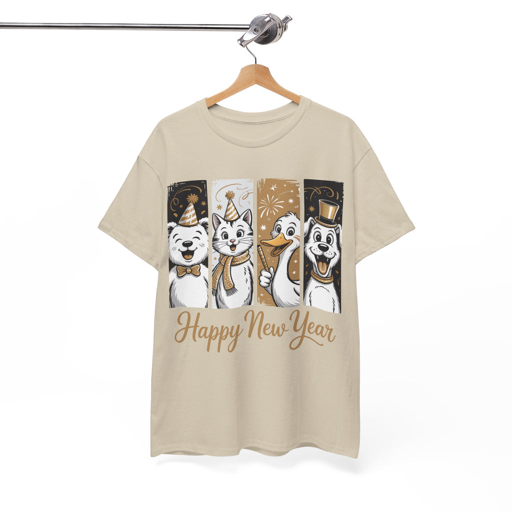 Happy New Year Party Animals T-Shirt — Cute Smiling Animals in Party Hats & Gold Fireworks..Unisex Cotton Tee