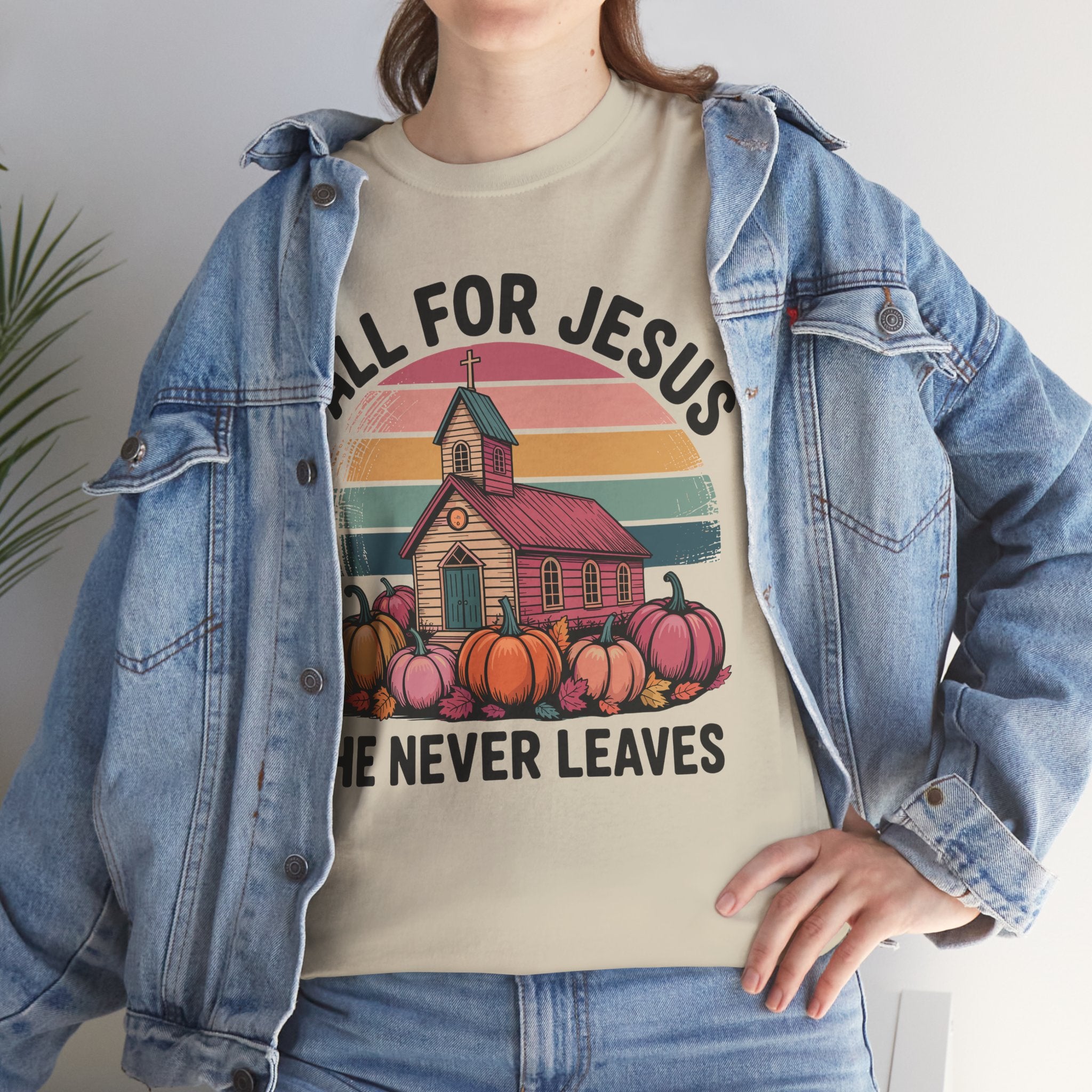 Jesus Leopard Print Fall T-Shirt — Pumpkins, Leaves & Floral Faith Unisex Cotton Tee