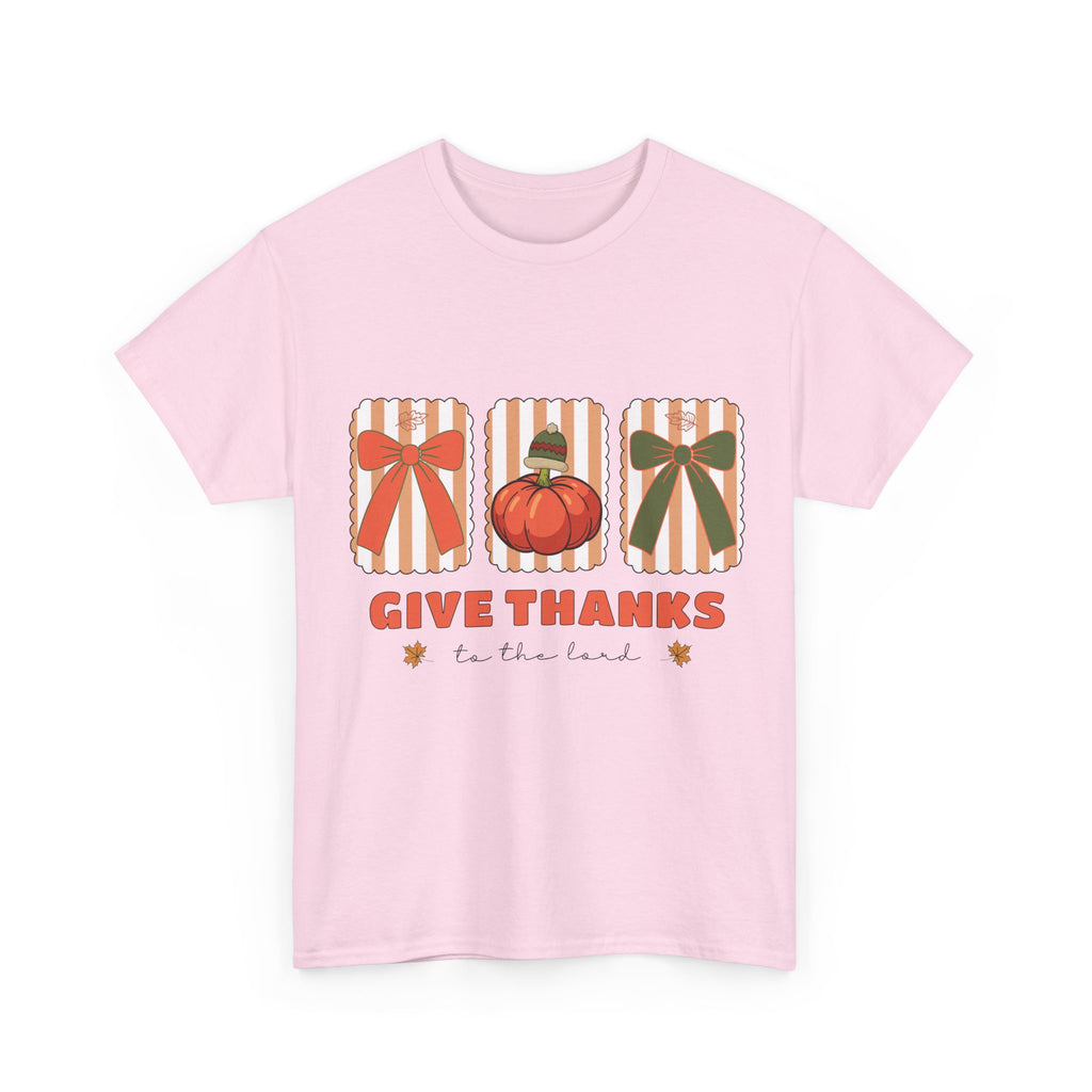 Give Thanks Thanksgiving T-Shirt — Pumpkin with Hat & Bows Unisex Cotton Tee