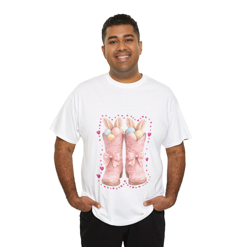 Easter Pink Western Boots Tee — Pastel Bunny Eggs & Bows Unisex Cotton Tee