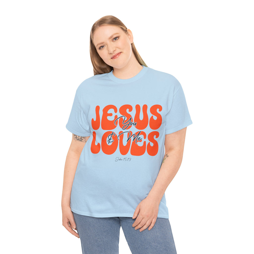 Jesus Loves You & Me Retro Tee — Playful Orange Bubbly Christian Unisex Cotton T-Shirt