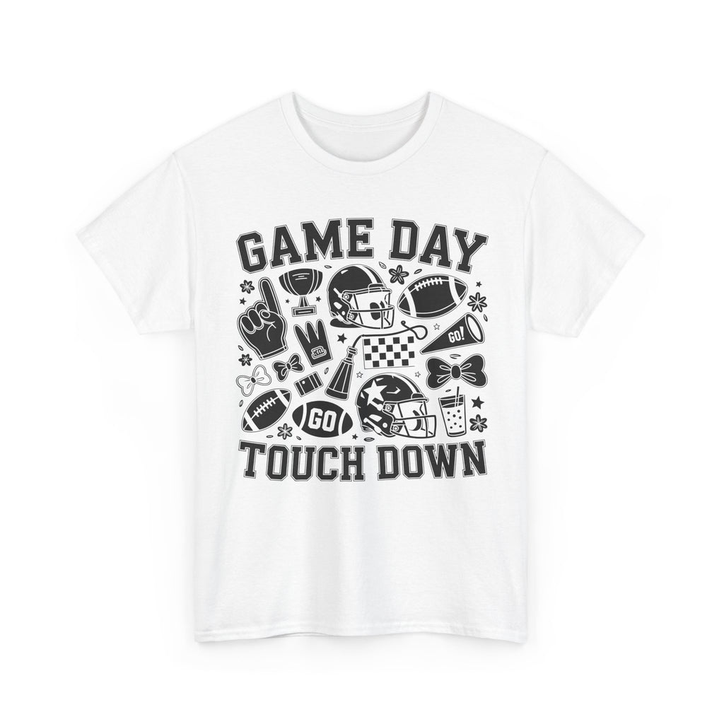 Game Day Touch Down Football T‑Shirt — Helmet & Cheer Monochrome Design Unisex Cotton Tee