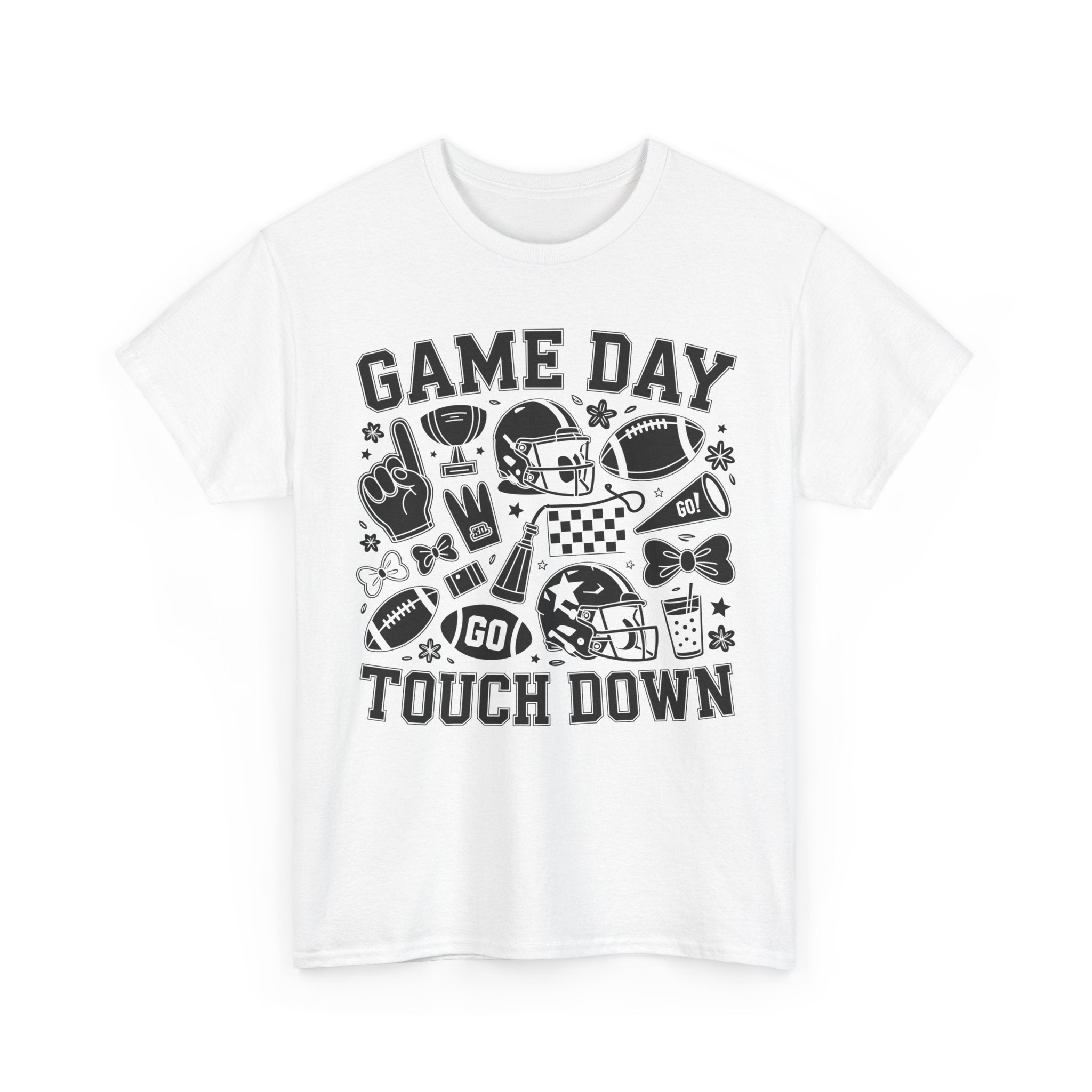 Game Day Touch Down Football T‑Shirt — Helmet & Cheer Monochrome Design Unisex Cotton Tee