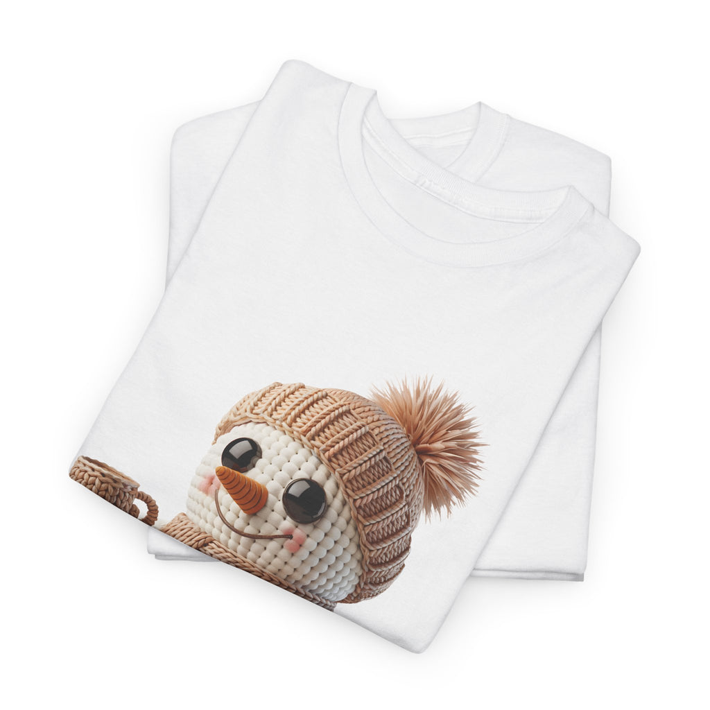 Cozy Snowman Tee — Smiling Snowman with Mug, Scarf & Beanie. Unisex Cotton Tee