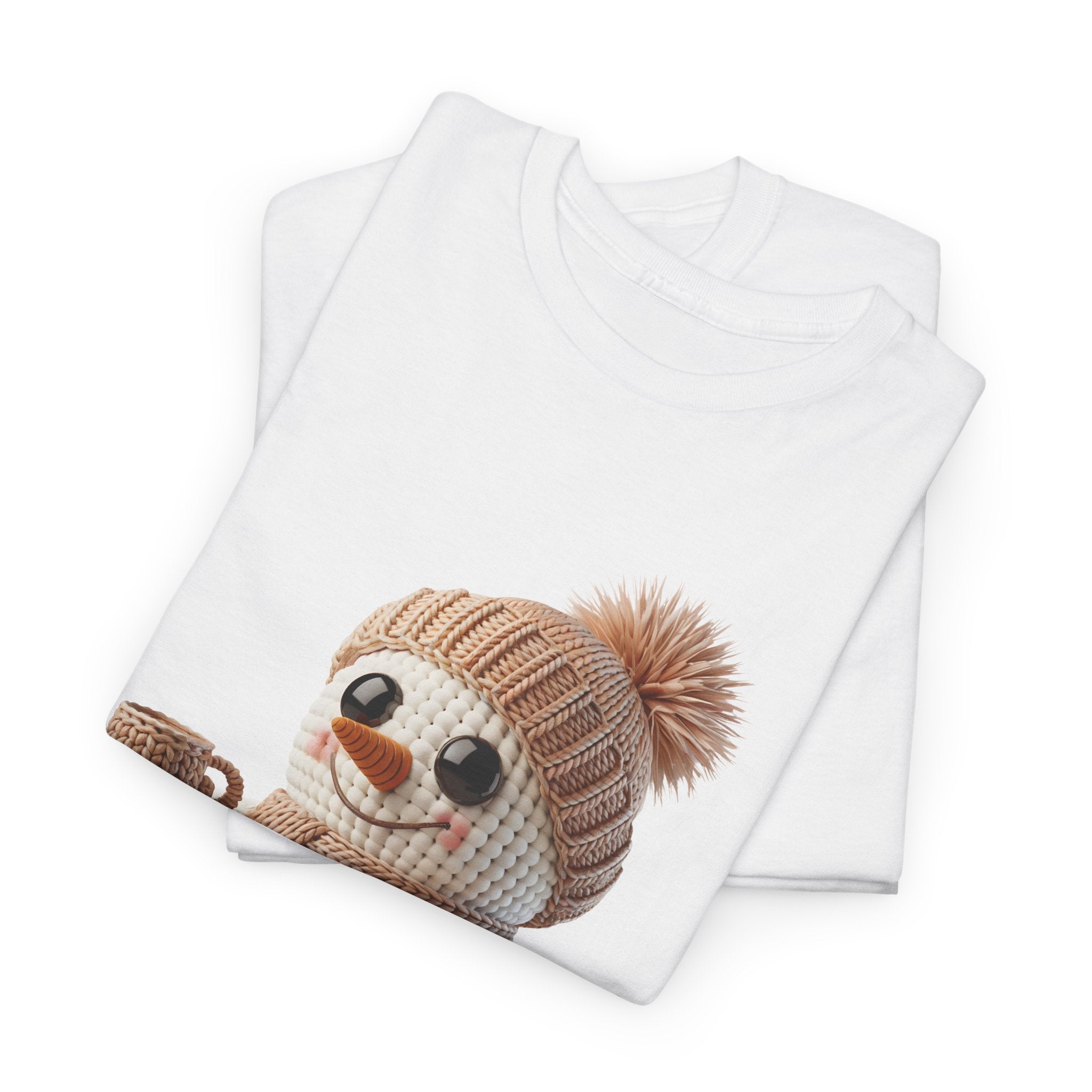 Cozy Snowman Tee — Smiling Snowman with Mug, Scarf & Beanie. Unisex Cotton Tee