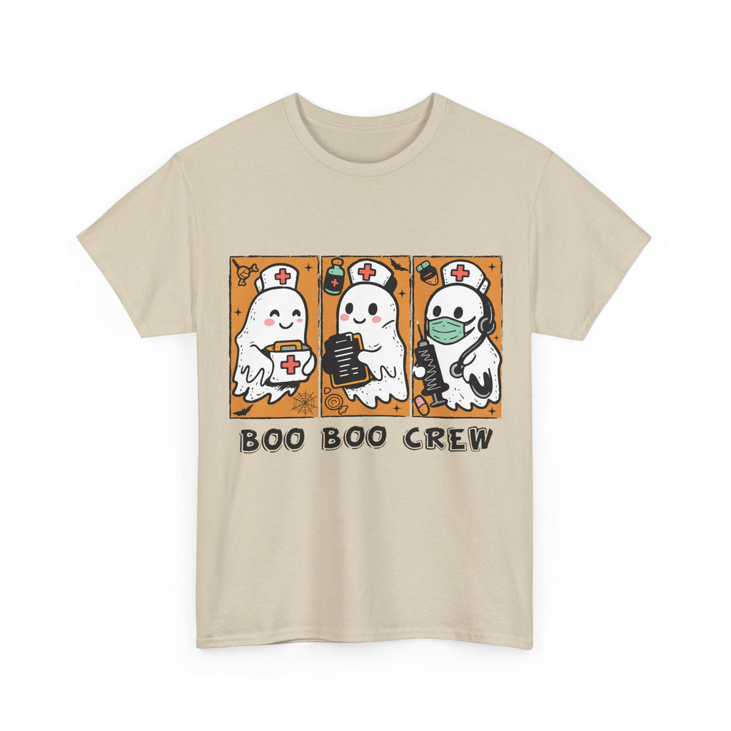 Halloween Nurse T-Shirt — Ghost Nurses Holding Medical Tools on Orange Unisec Cotton Tee