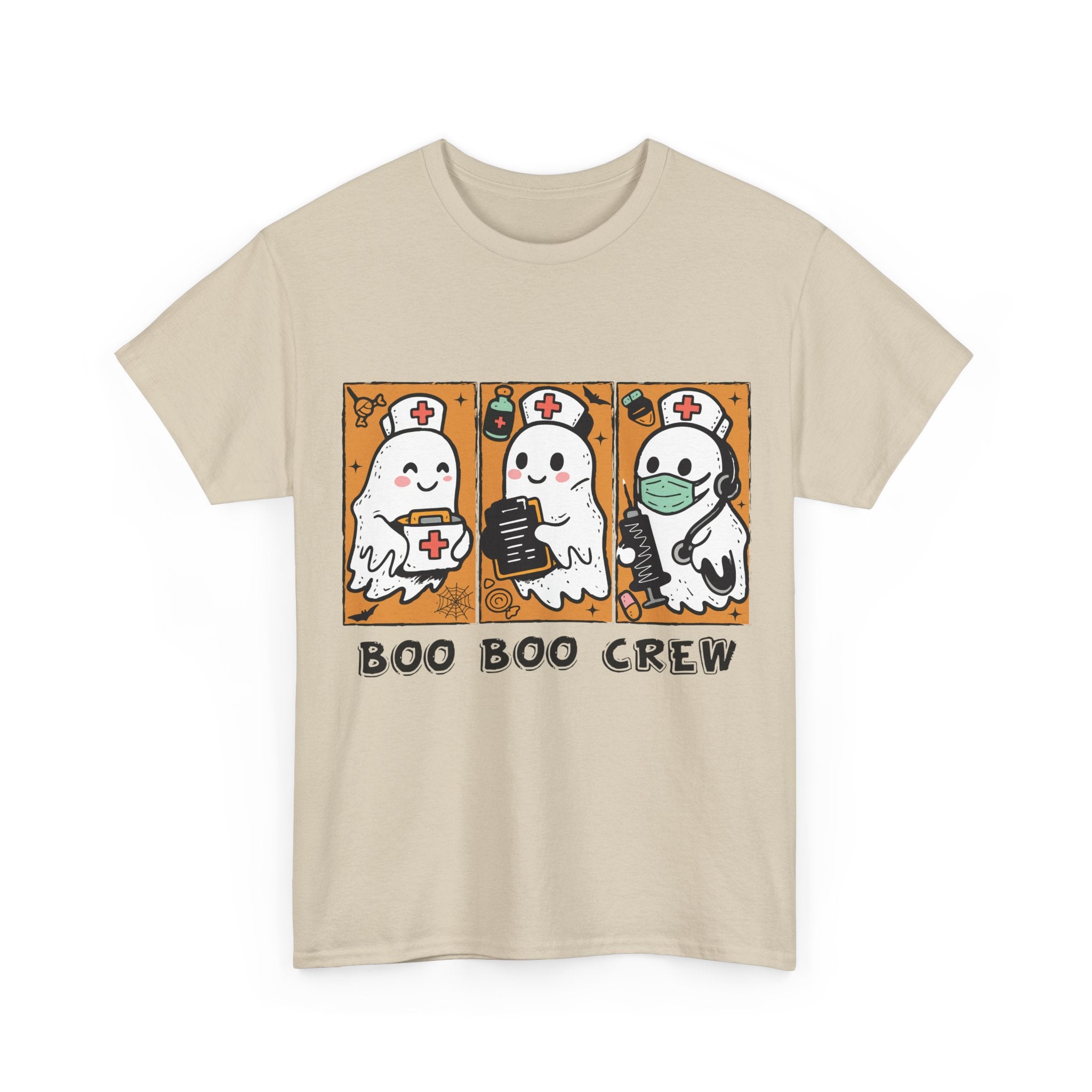 Halloween Nurse T-Shirt — Ghost Nurses Holding Medical Tools on Orange Unisec Cotton Tee