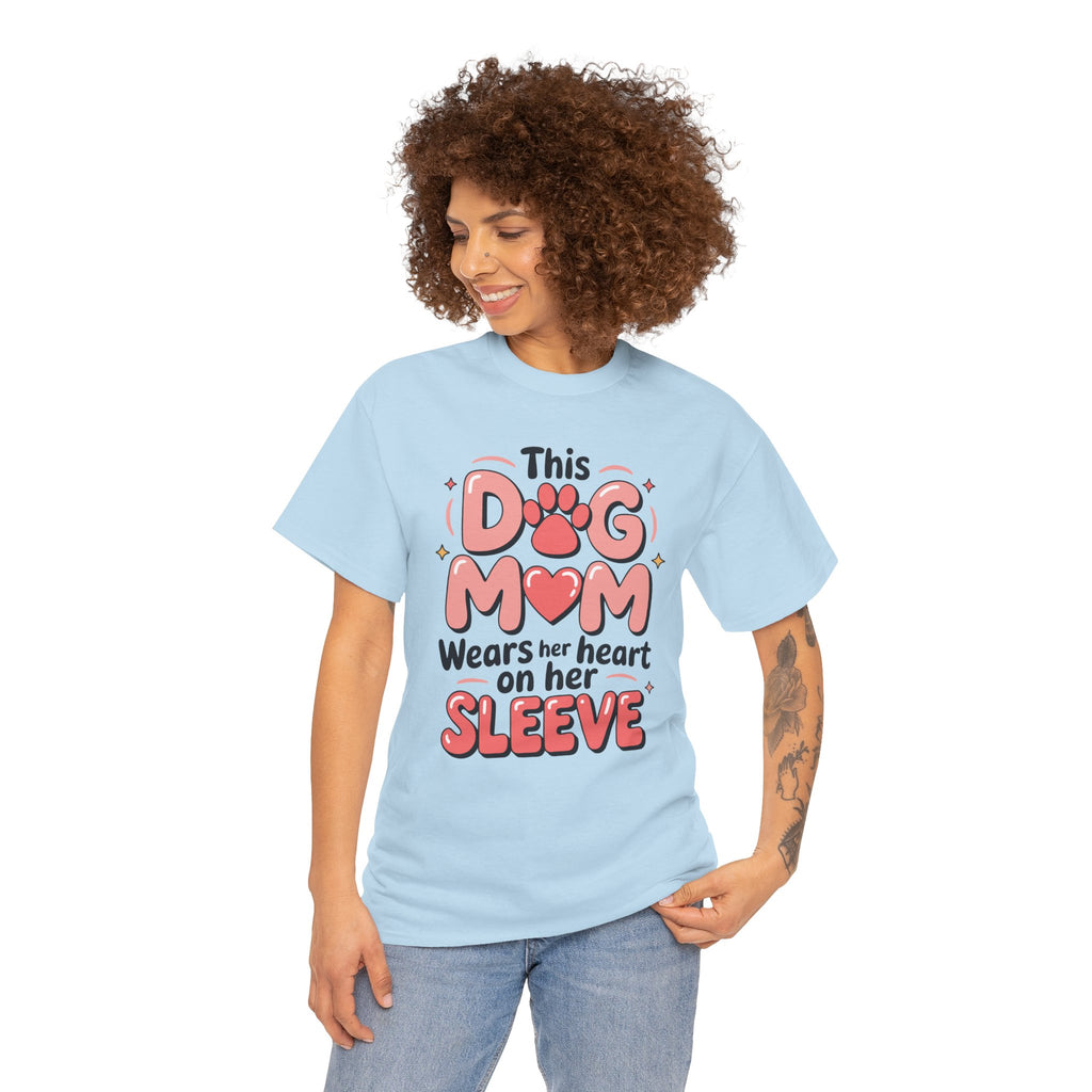 Dog Mom T-Shirt — "This Dog Mom Wears Her Heart on Her Sleeve" Paw & Heart Unisex Cotton Tee