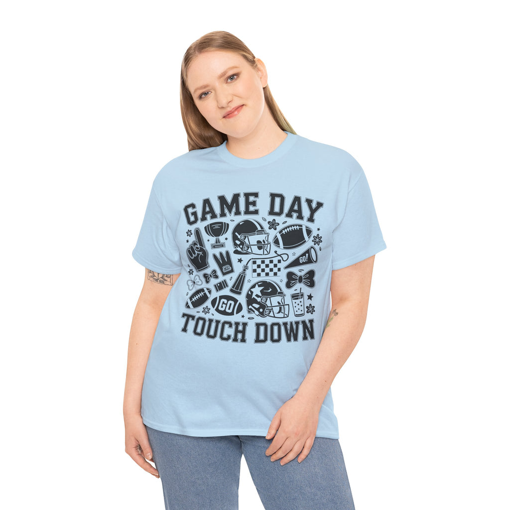 Game Day Touch Down Football T‑Shirt — Helmet & Cheer Monochrome Design Unisex Cotton Tee