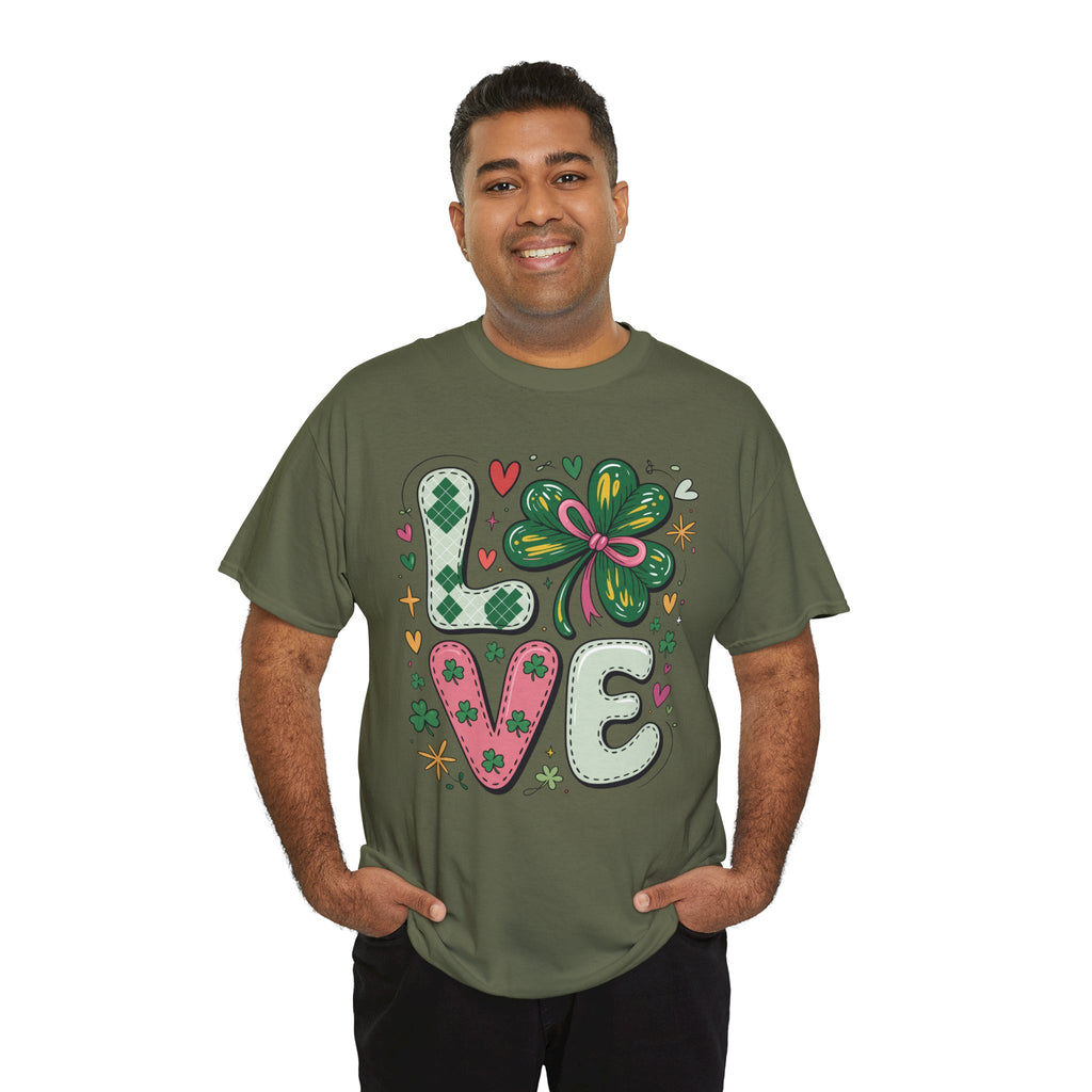Stitched Clover 'LOVE' Tee — Heart & Patchwork St. Patrick's Unisex Cotton T-Shirt