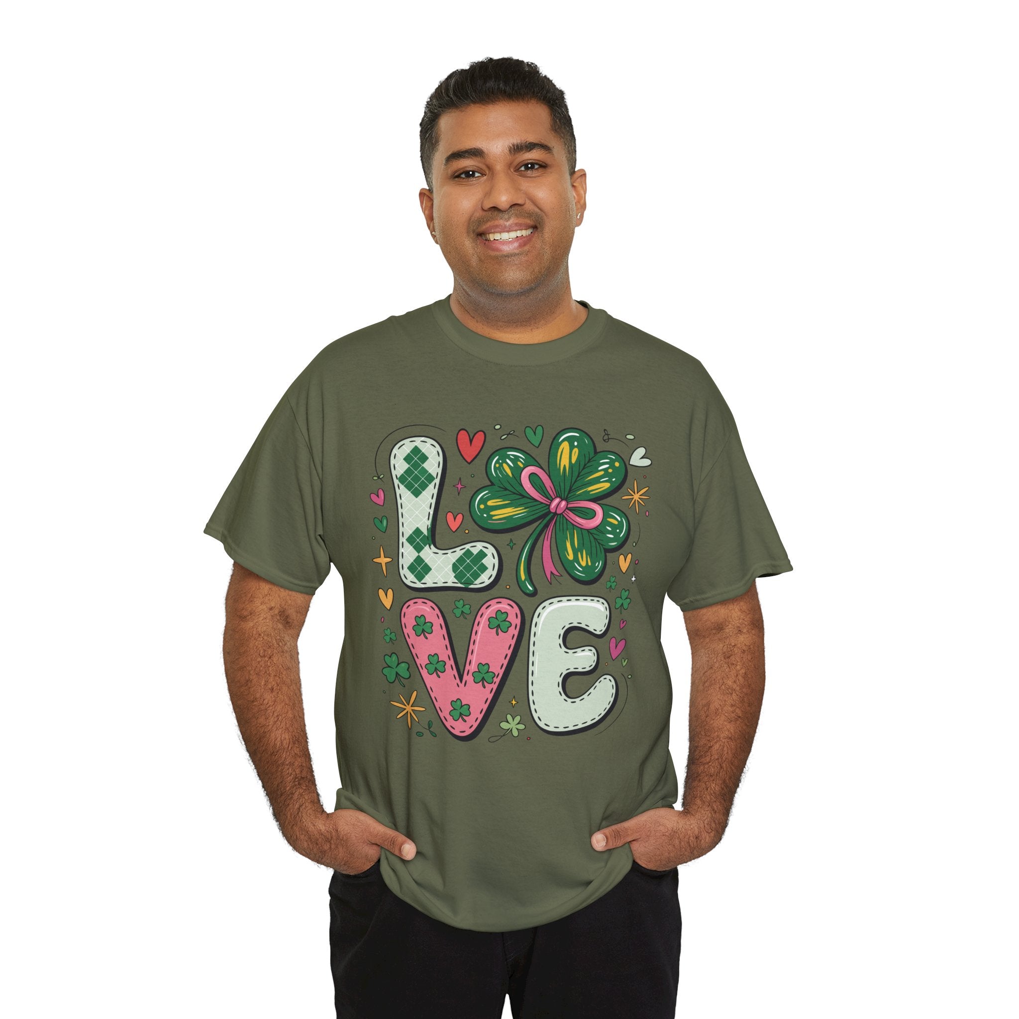Stitched Clover 'LOVE' Tee — Heart & Patchwork St. Patrick's Unisex Cotton T-Shirt