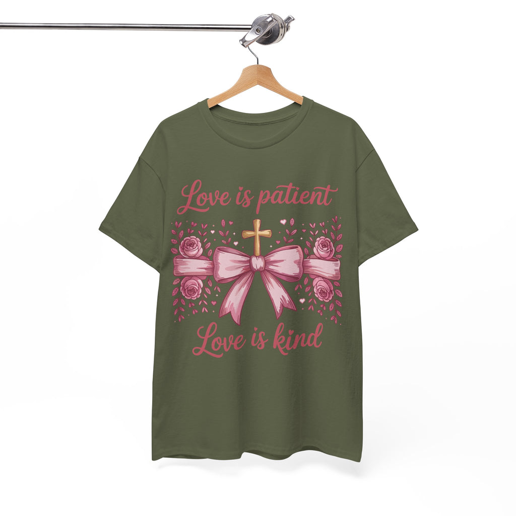 Christian Floral Tee — "Love is Patient, Love is Kind" Pink Rose Cross. Unisex Cotton Tee