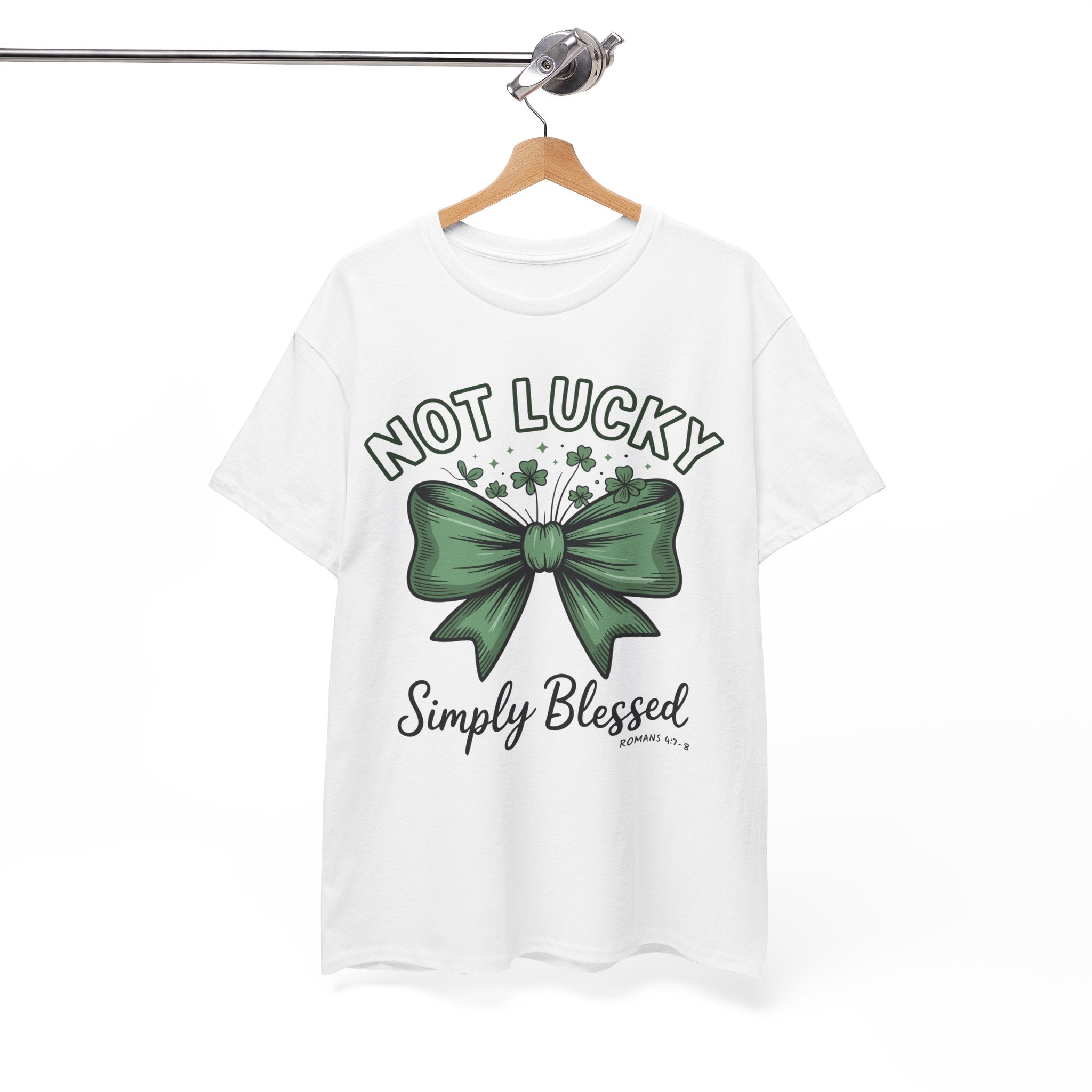 Not Lucky, Simply Blessed T-Shirt — Green Bow & Clovers St. Patrick’s Unisex Cotton Tee