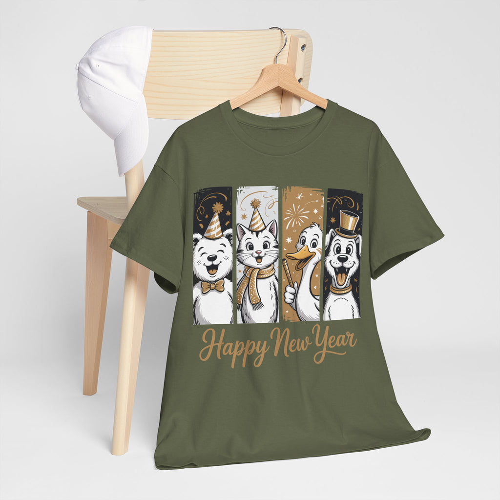 Happy New Year Party Animals T-Shirt — Cute Smiling Animals in Party Hats & Gold Fireworks..Unisex Cotton Tee