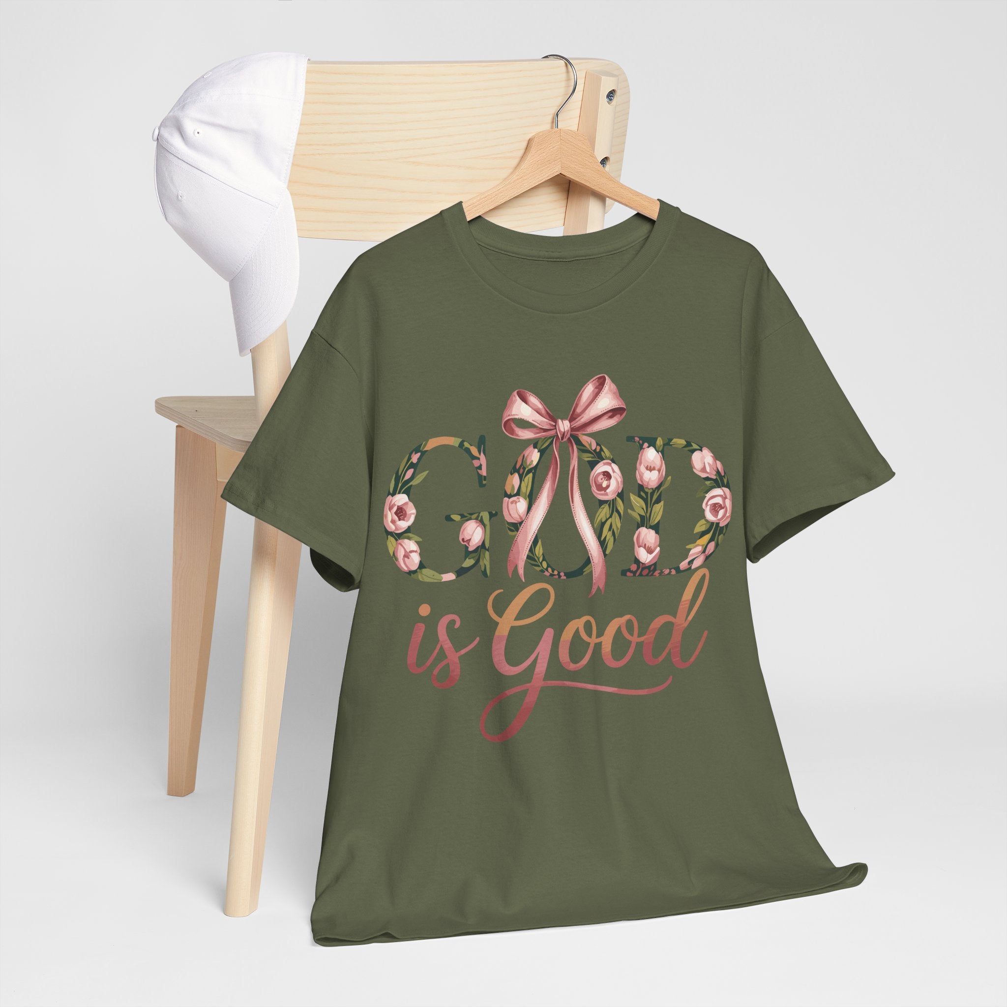 God Is Good Pink Rose Tee — Floral Ribbon Faith Unisex Cotton T-Shirt