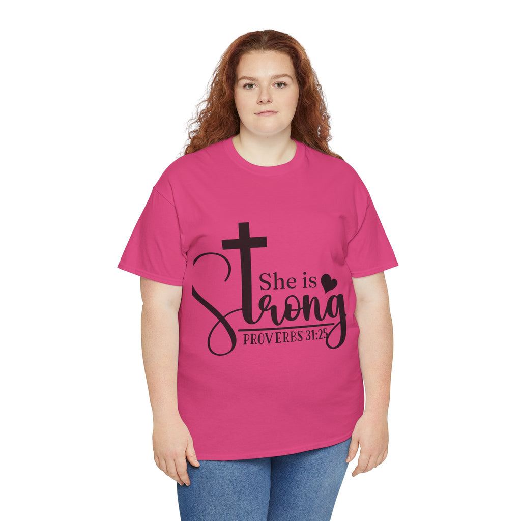 Proverbs 31:25 'She is Strong' T-Shirt – Christian Cross & Heart Unisex Cotton Tee