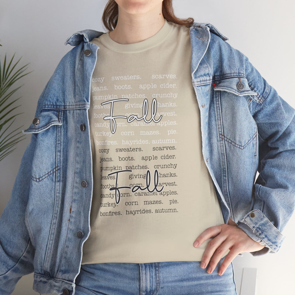 Fall Cursive Typography T-Shirt — Sweaters, Cider & Pumpkins. Unisex Cotton Tee