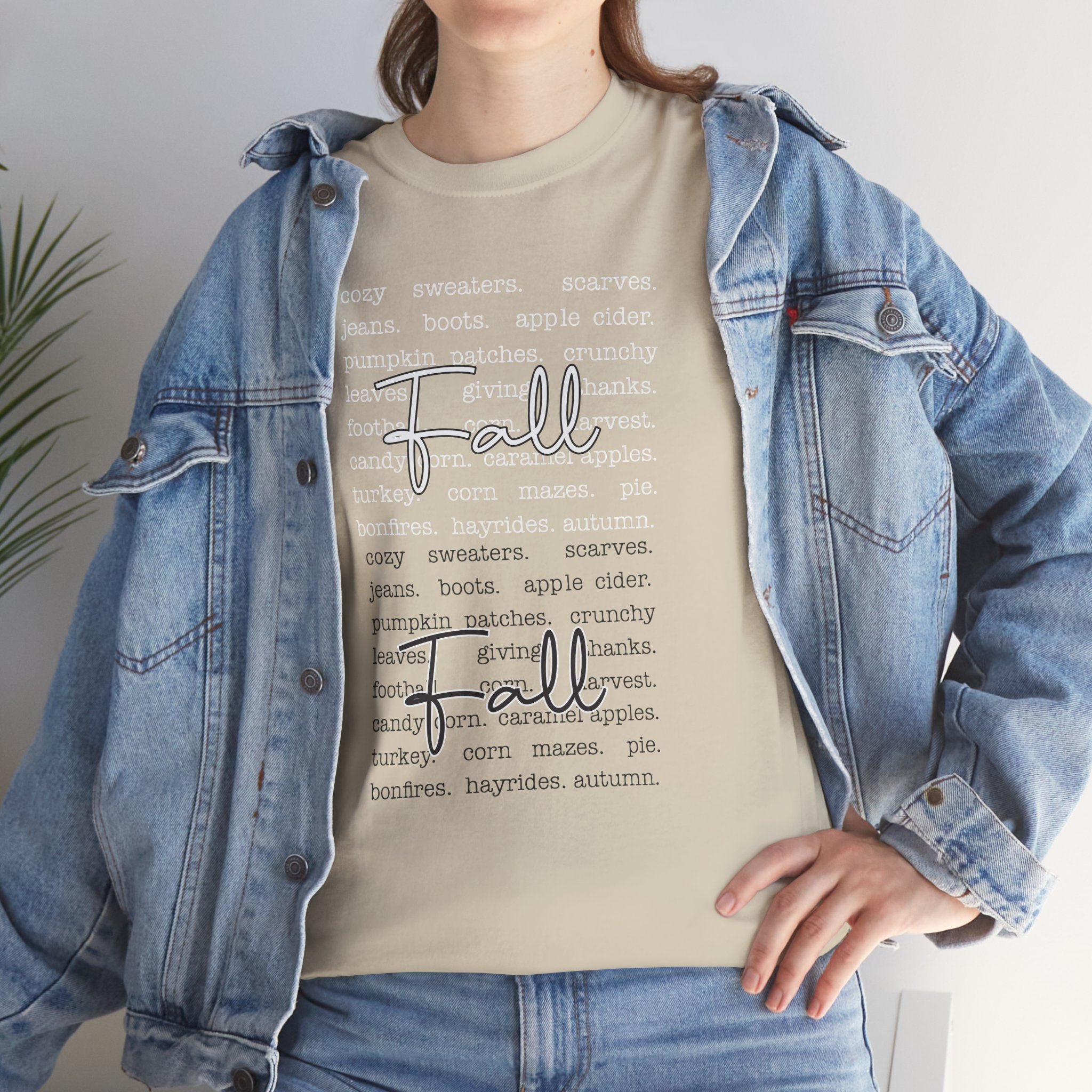Fall Cursive Typography T-Shirt — Sweaters, Cider & Pumpkins. Unisex Cotton Tee